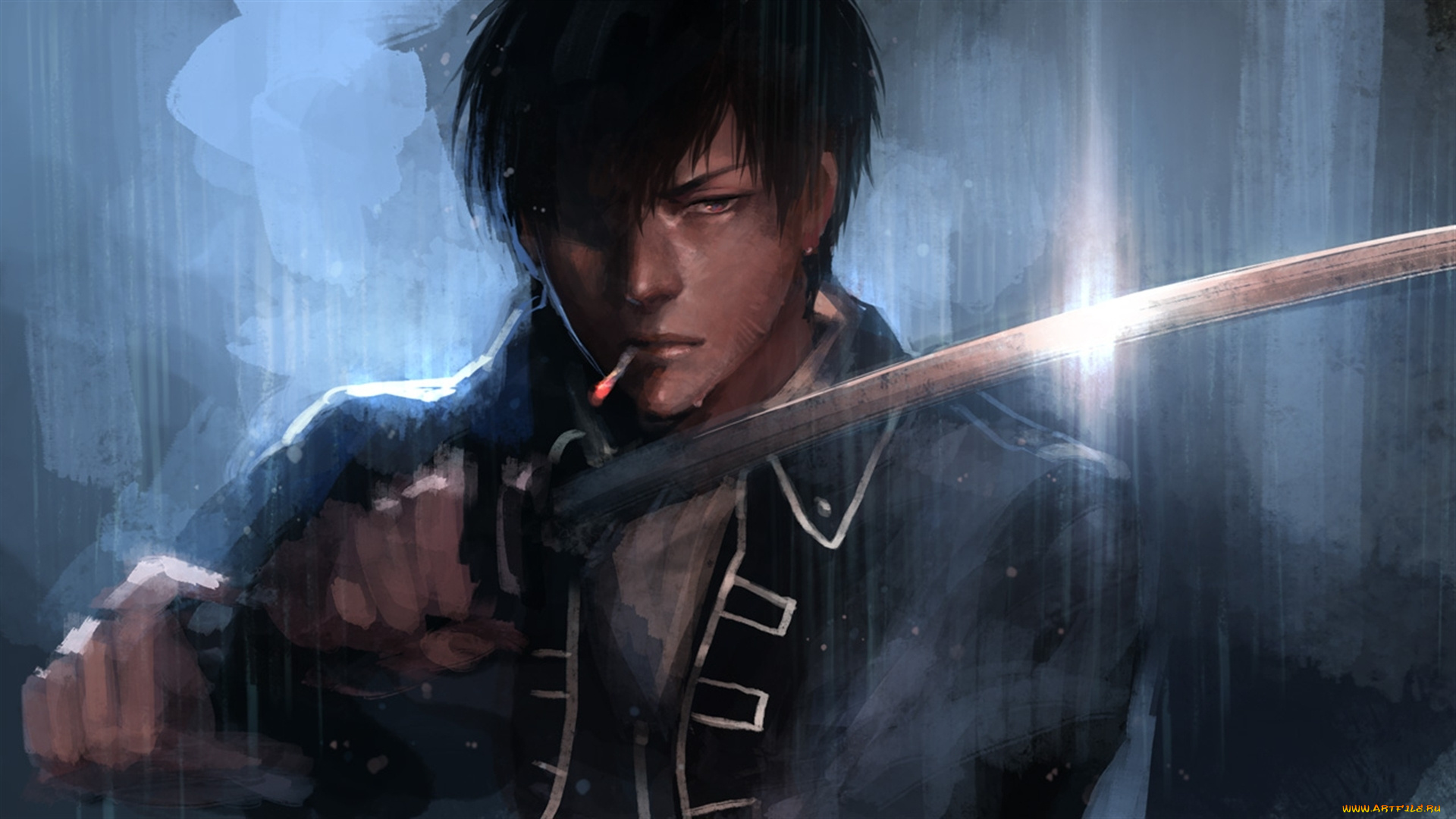 аниме, gintama, сигарета, арт, hijikata, брюнет, парень, мечь, блеск, sword, anime