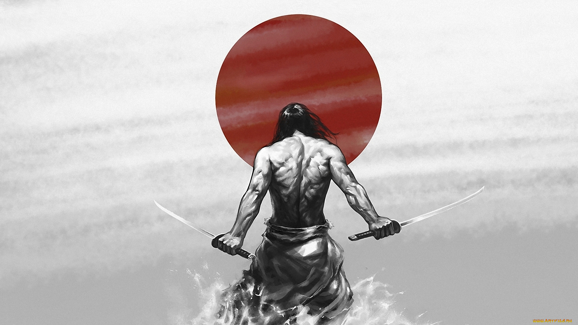 фэнтези, люди, воин, восходящее, мечи, самурай, солнце