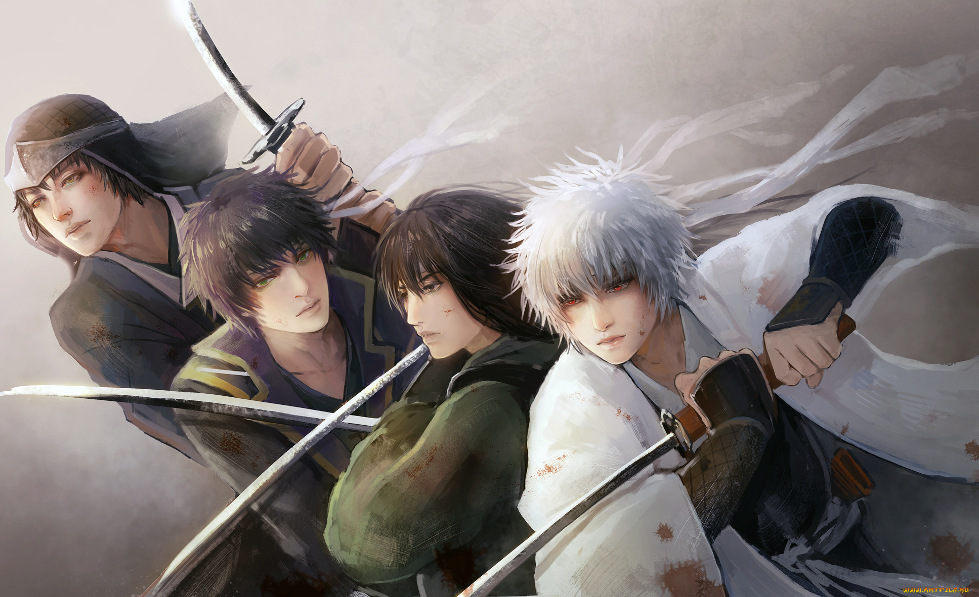 аниме, gintama, мужчины, самураи, sakata, gintoki, shiroyasha, takasugi, shinsuke, katsura, kotaro, tatsuma, sakamoto, кровь, красные, глаза, мечи