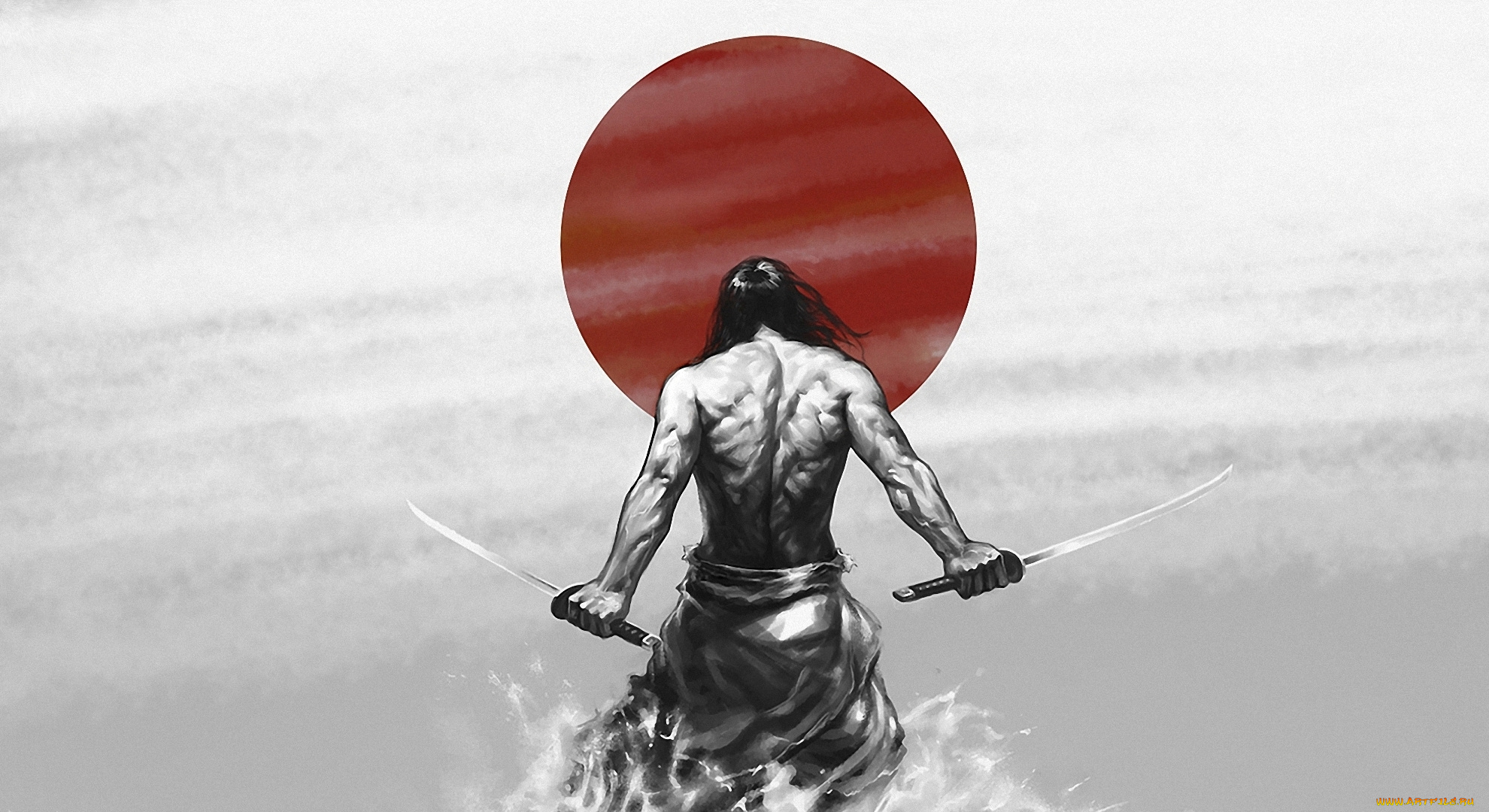 фэнтези, люди, воин, восходящее, мечи, самурай, солнце