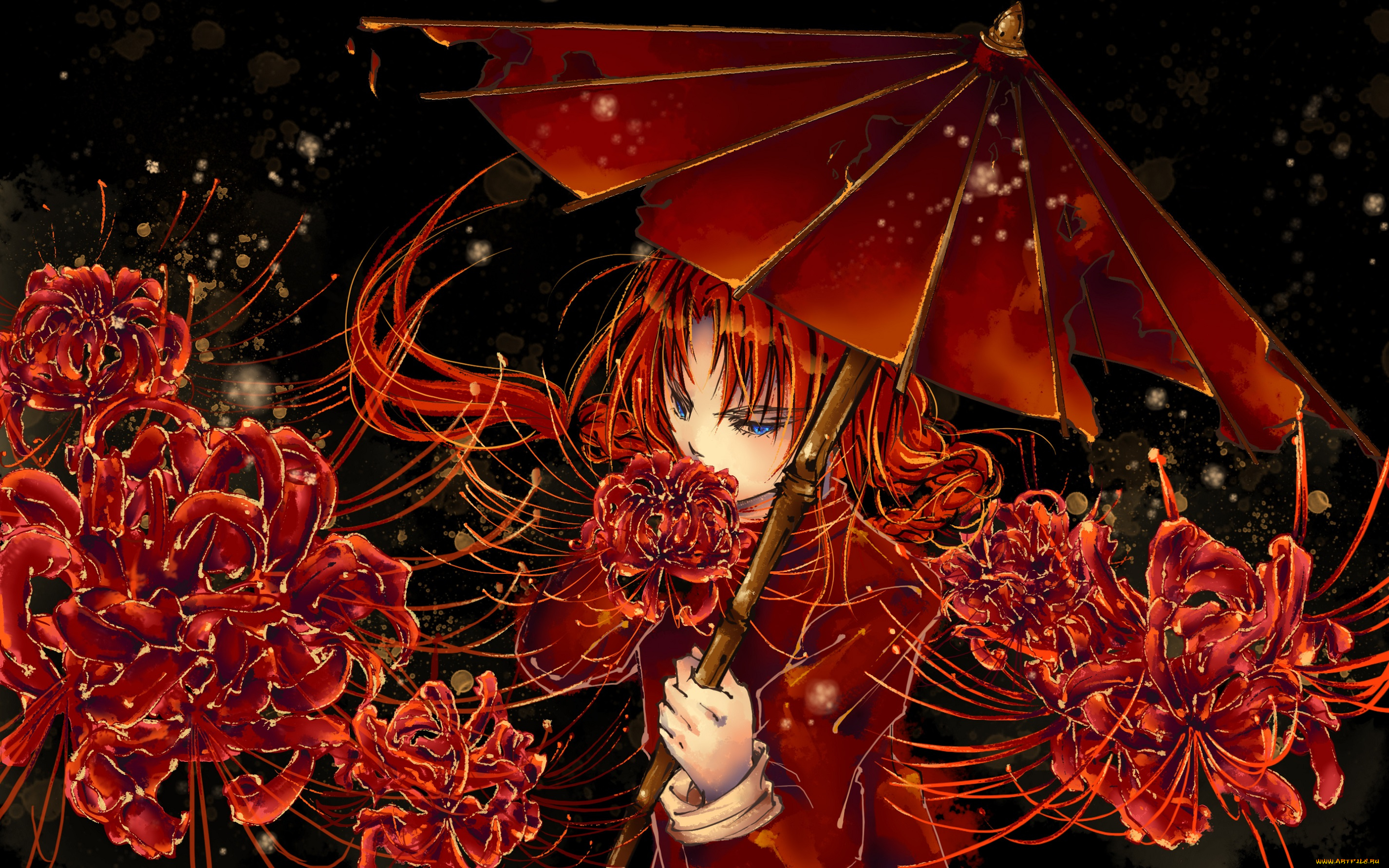 аниме, gintama, цветы, зонт, парень, kamui, jellyfishome, арт