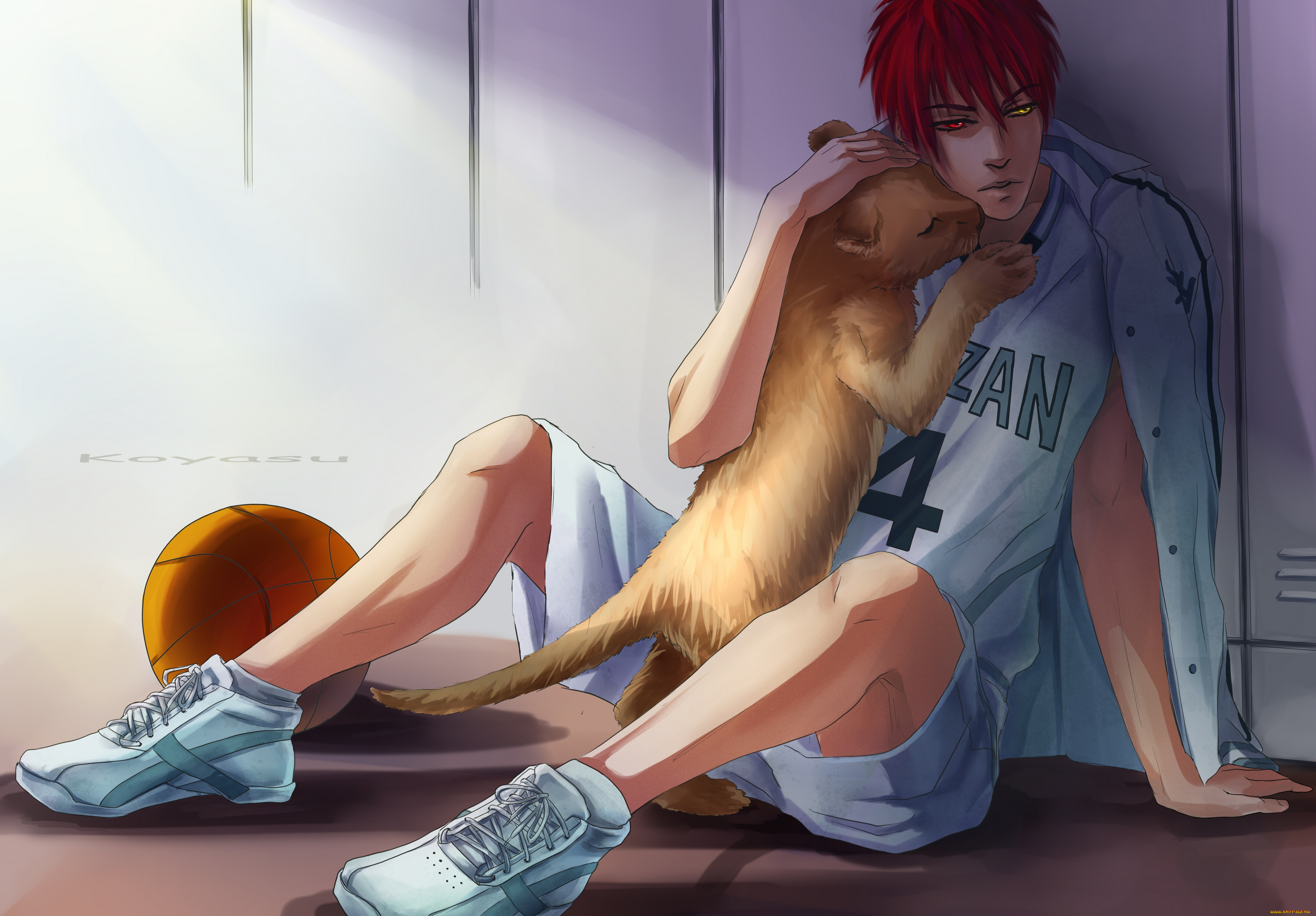 аниме, kuroko, no, baske, парень, арт, собака, мяч, кросовки, сидит, взгляд, свет