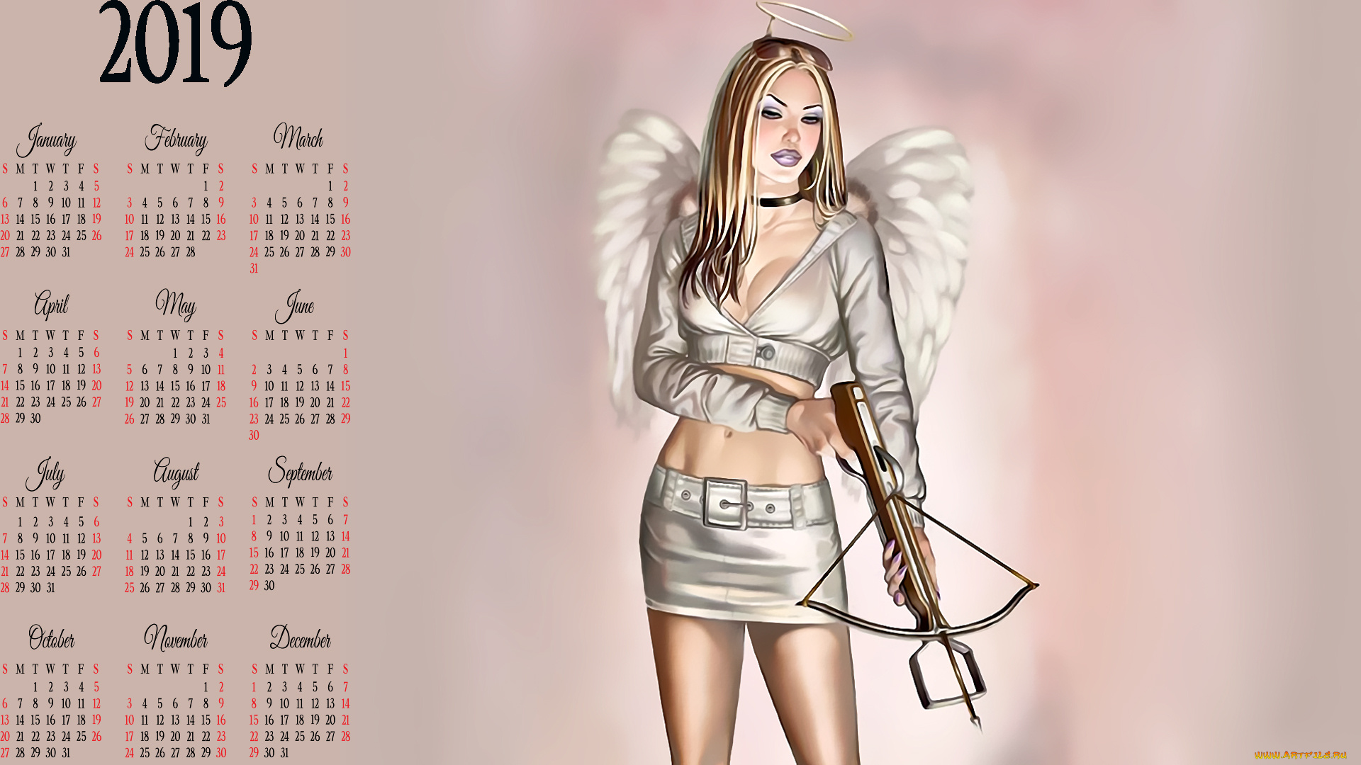 календари, фэнтези, ангел, оружие, арбалет, девушка, крылья