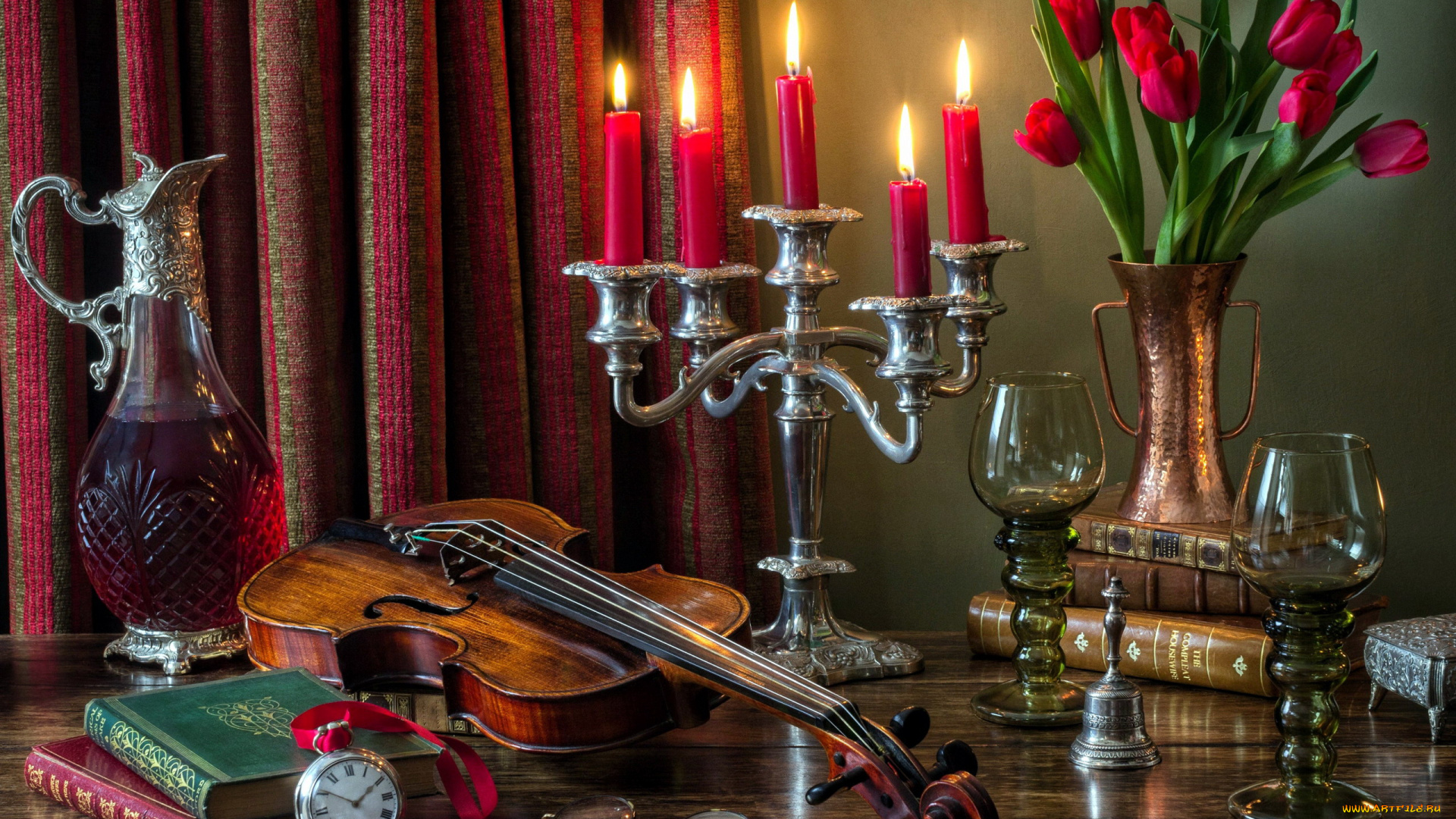музыка, -музыкальные, инструменты, скрипка, свечи, часы, тюльпаны, вино