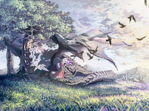 Картинка аниме angels demons девушка дракон птицы лес деревья зонт шляпа магия небо облака трава