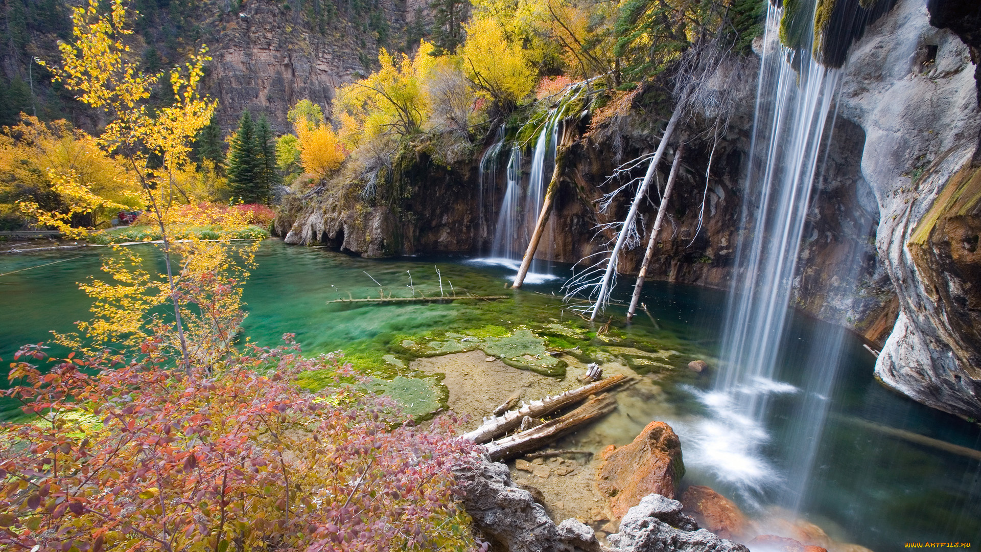 природа, водопады, озеро, hanging, lake, скалы, деревья