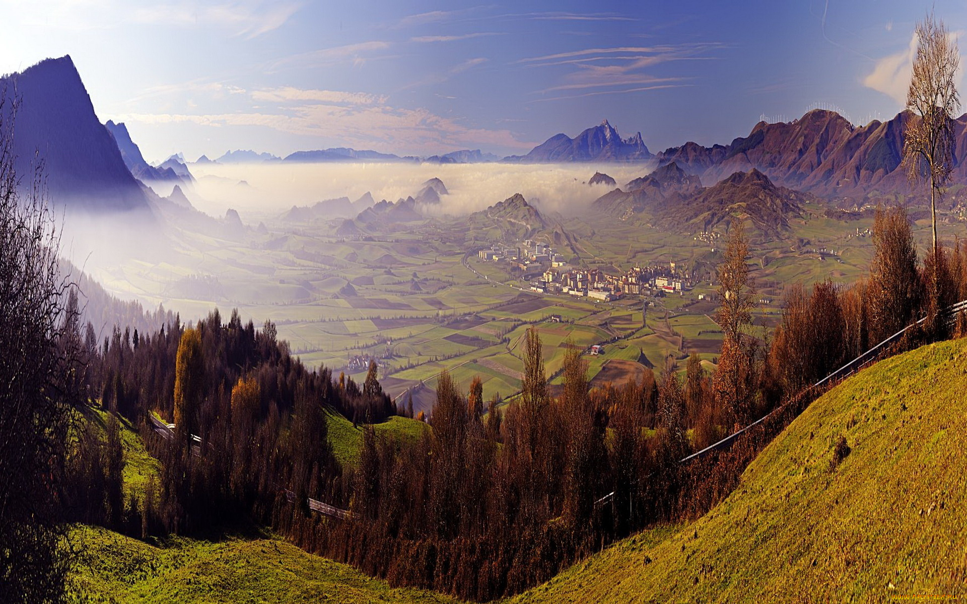 природа, горы, долина, туман, панорама