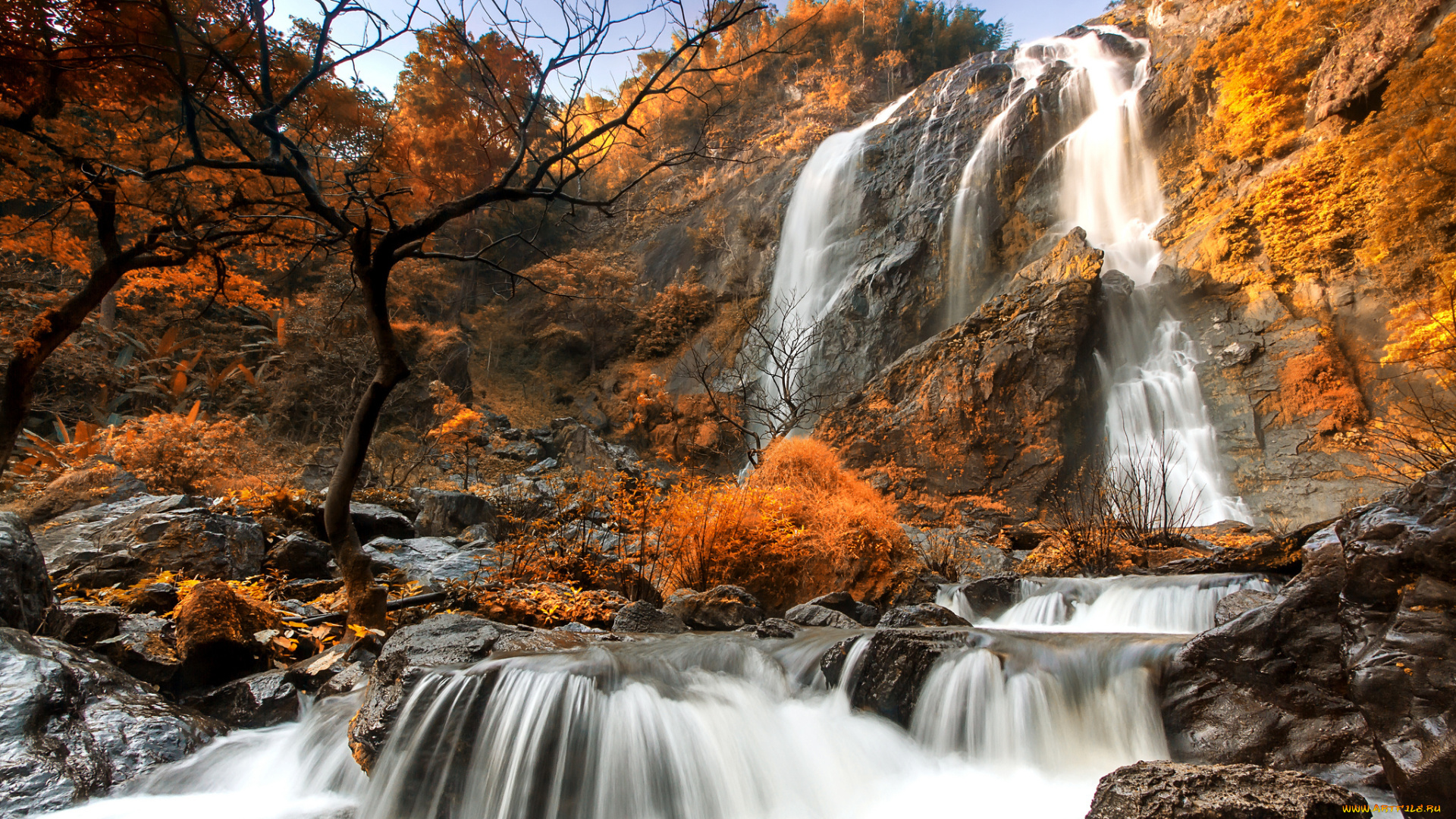 природа, водопады, поток, лес, осень, скалы