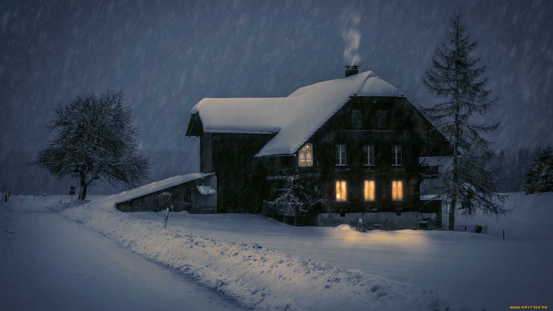 города, -, здания, , дома, зима, дом, ночь, снег, romantic, winter, evening