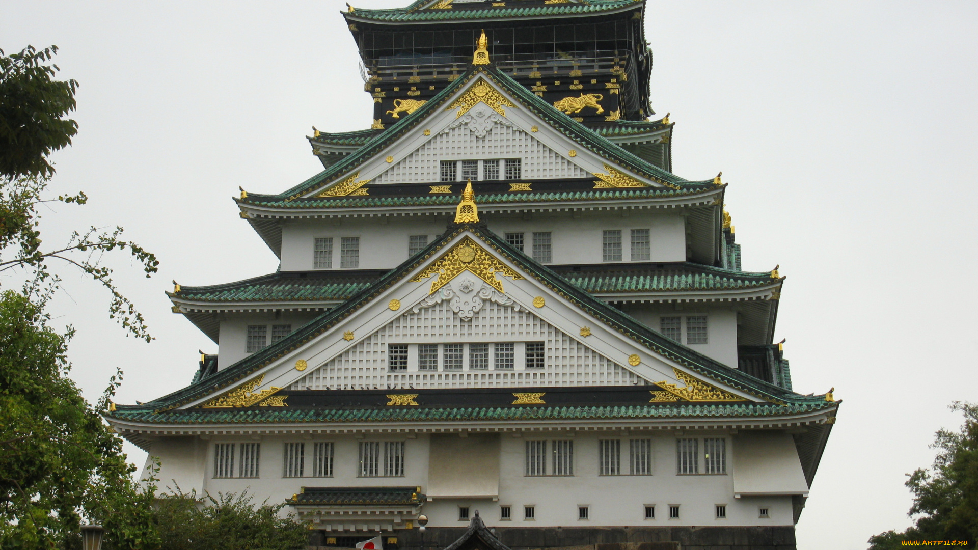 города, замки, Японии, дворец, пагода, зелень