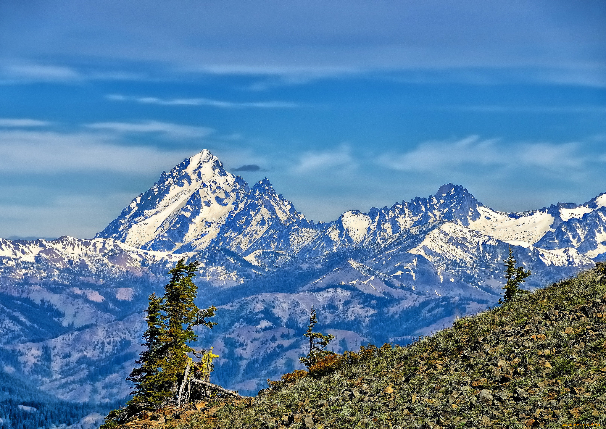 mount, stuart, washington, природа, горы, вершины, деревья, склон