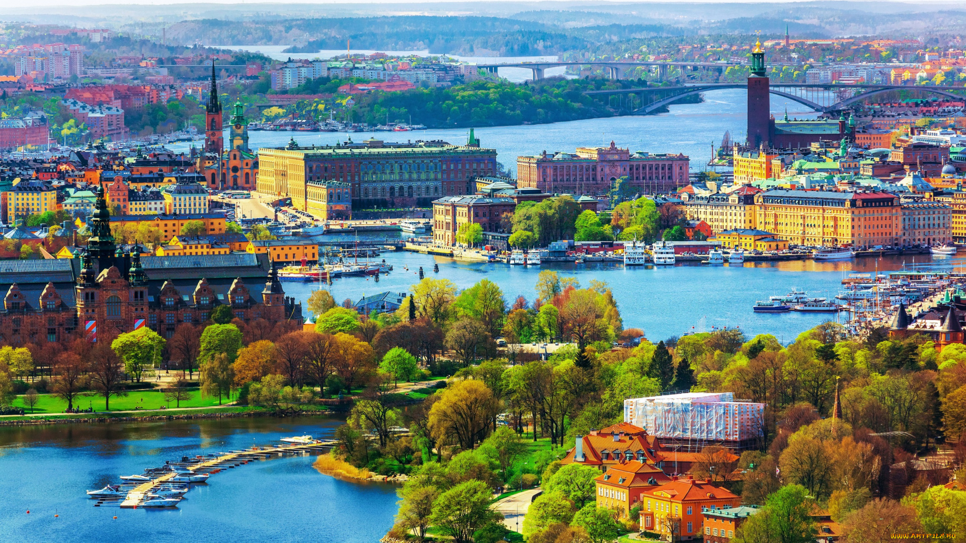 города, -, панорамы, лодки, деревья, панорама, пейзаж, дома, река, мосты, город, stockholm, швеция