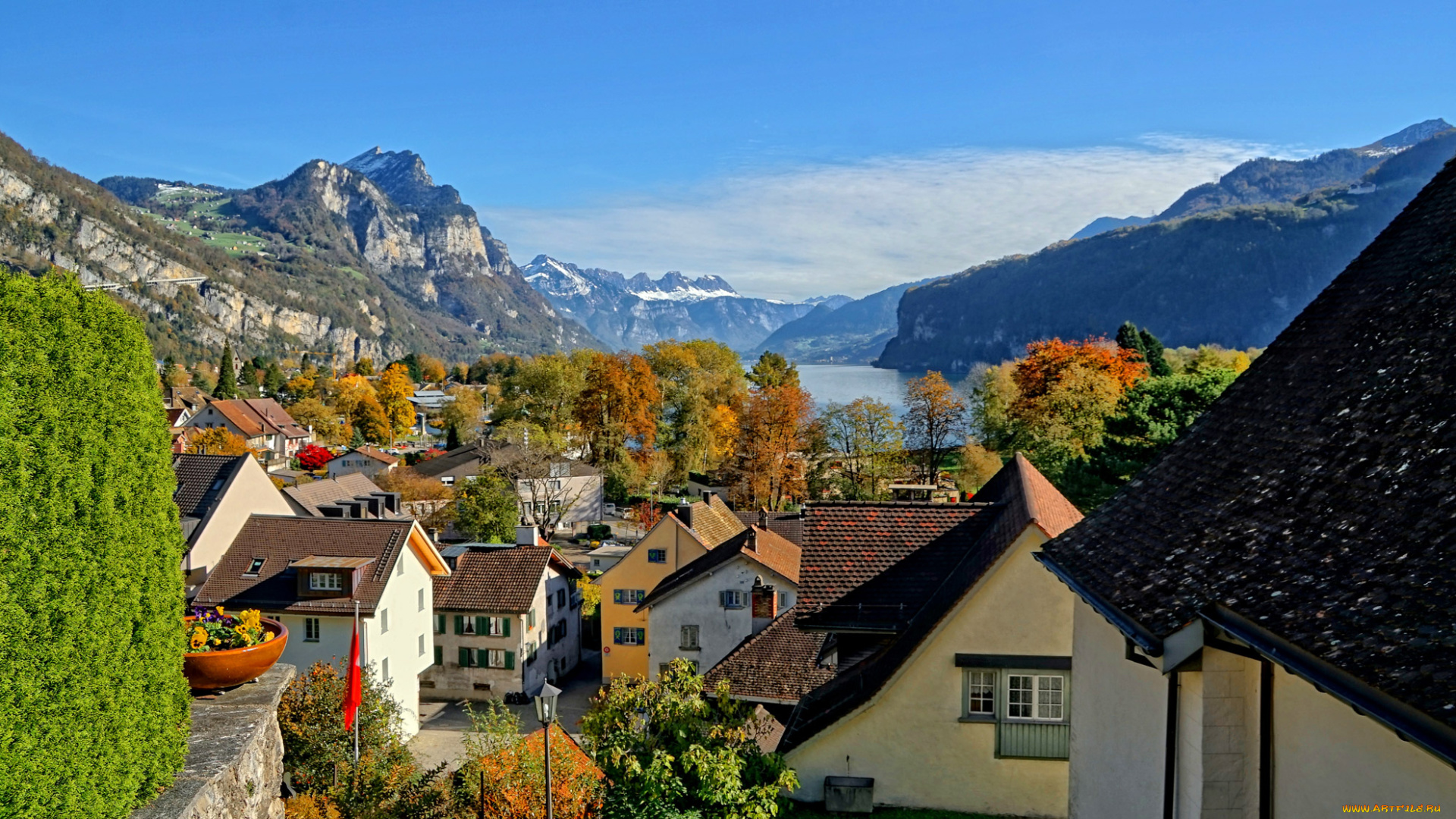города, -, панорамы, озеро, горы, швейцария, небо, дома