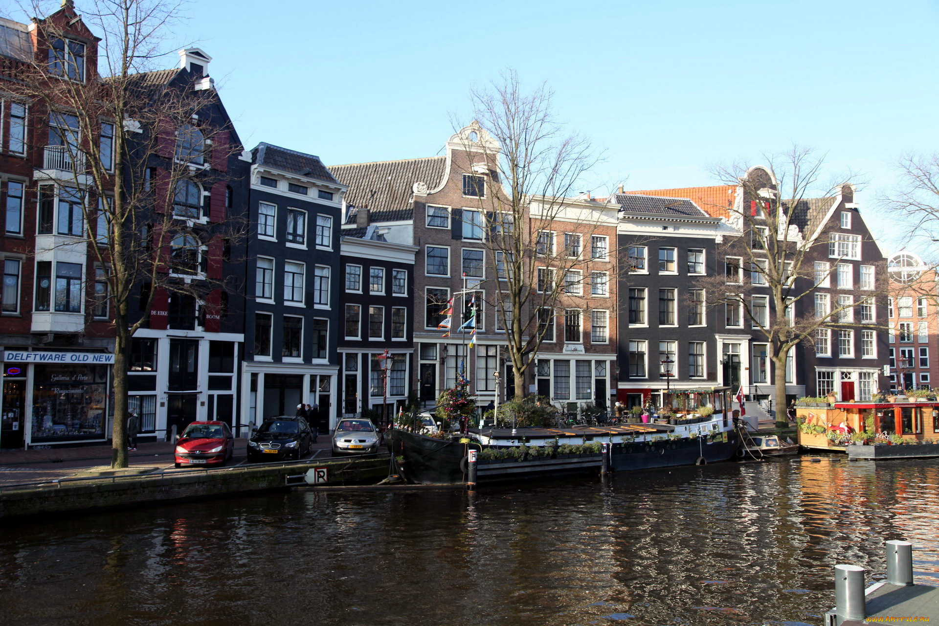 города, амстердам, , нидерланды, канал, баржа