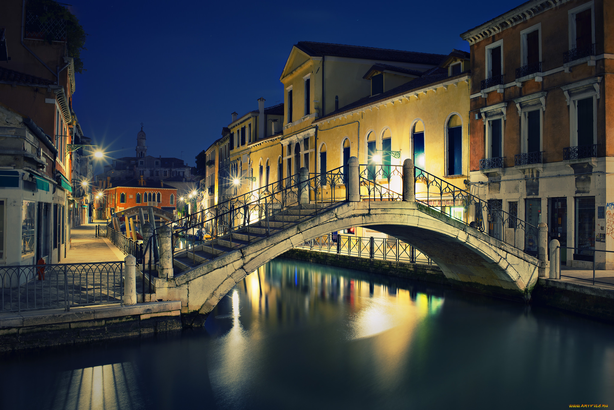 города, венеция, , италия, мостик, огни, канал, ночь