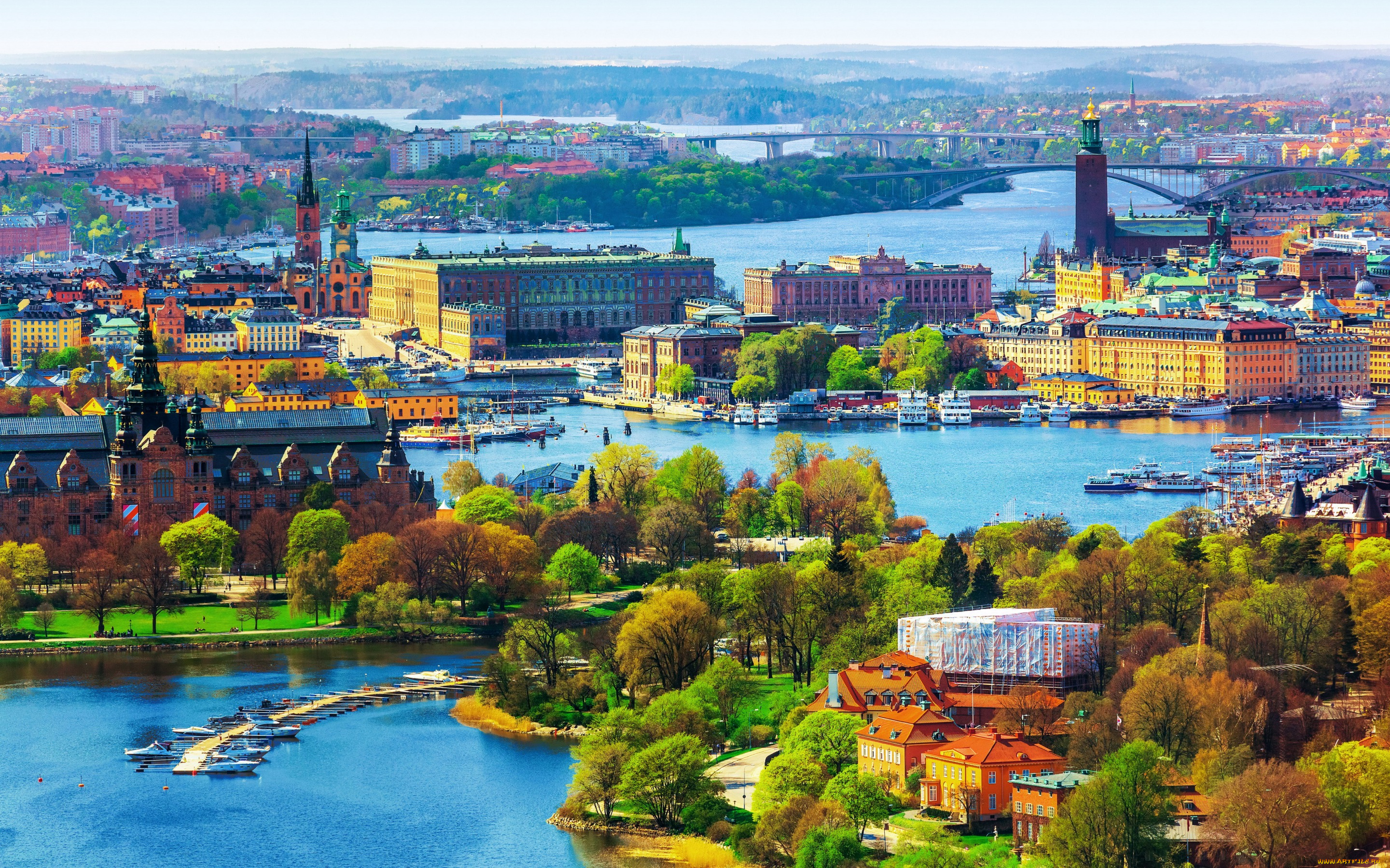 города, -, панорамы, лодки, деревья, панорама, пейзаж, дома, река, мосты, город, stockholm, швеция