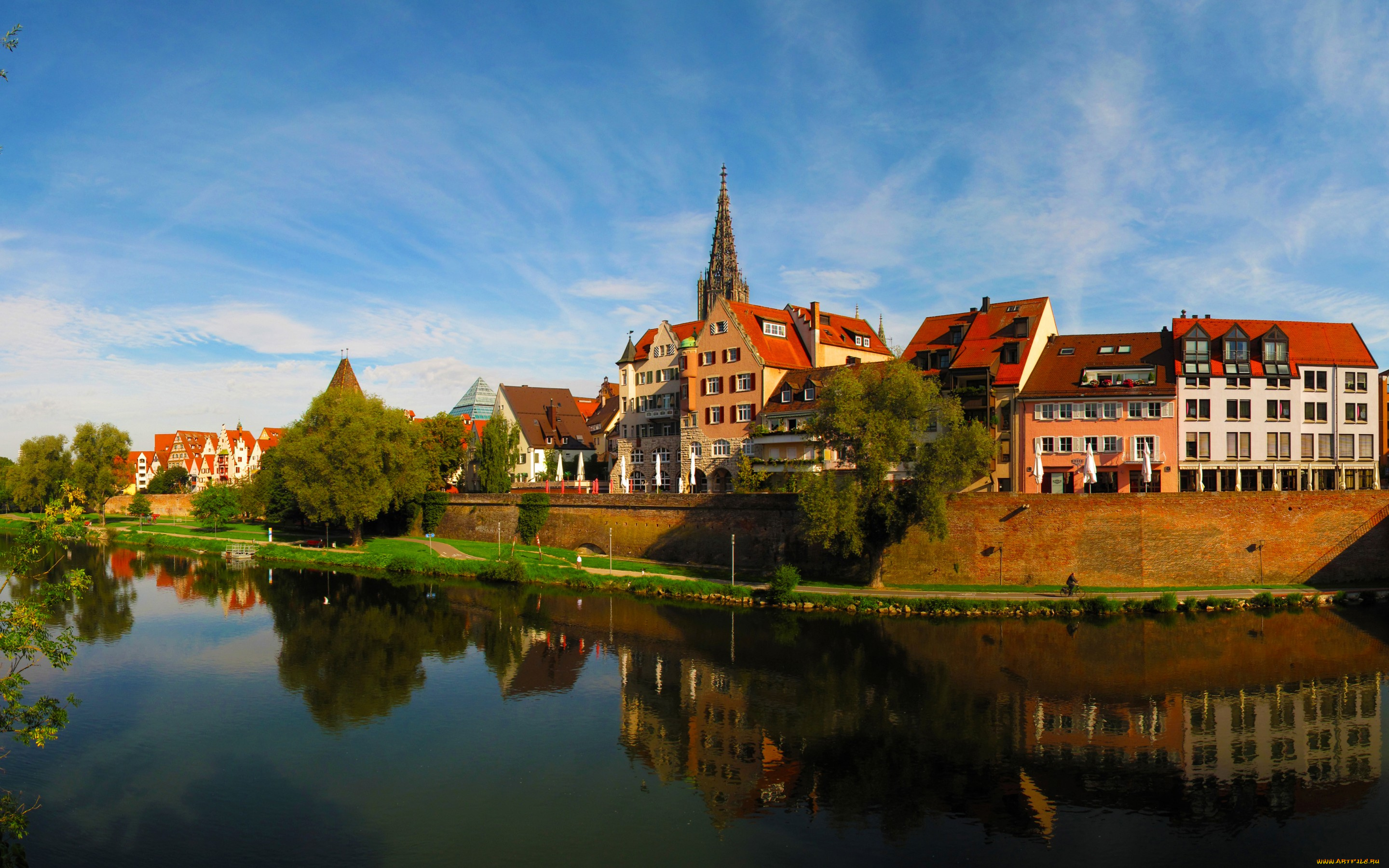 города, -, пейзажи, отражение, вода, небо, германия, ulm, река, набережная, дома