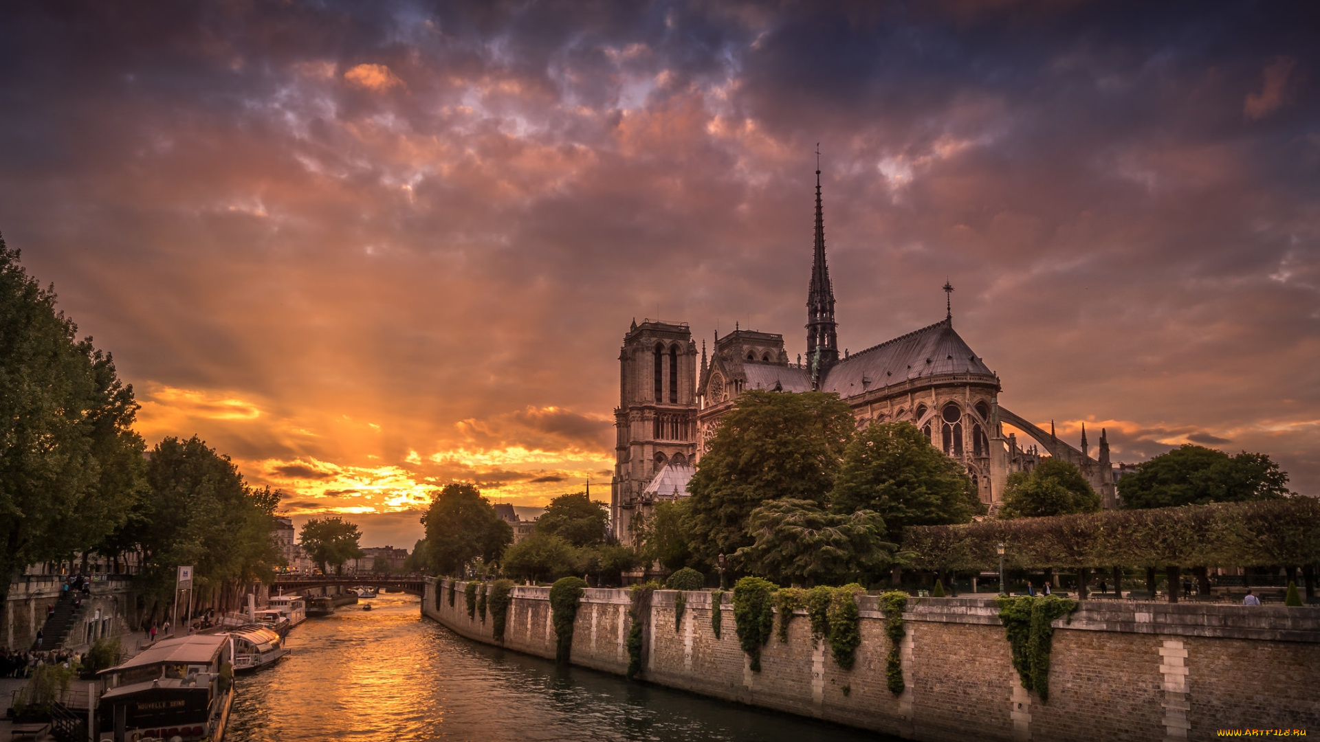 notre, dame, in, paris, города, париж, , франция, река, закат