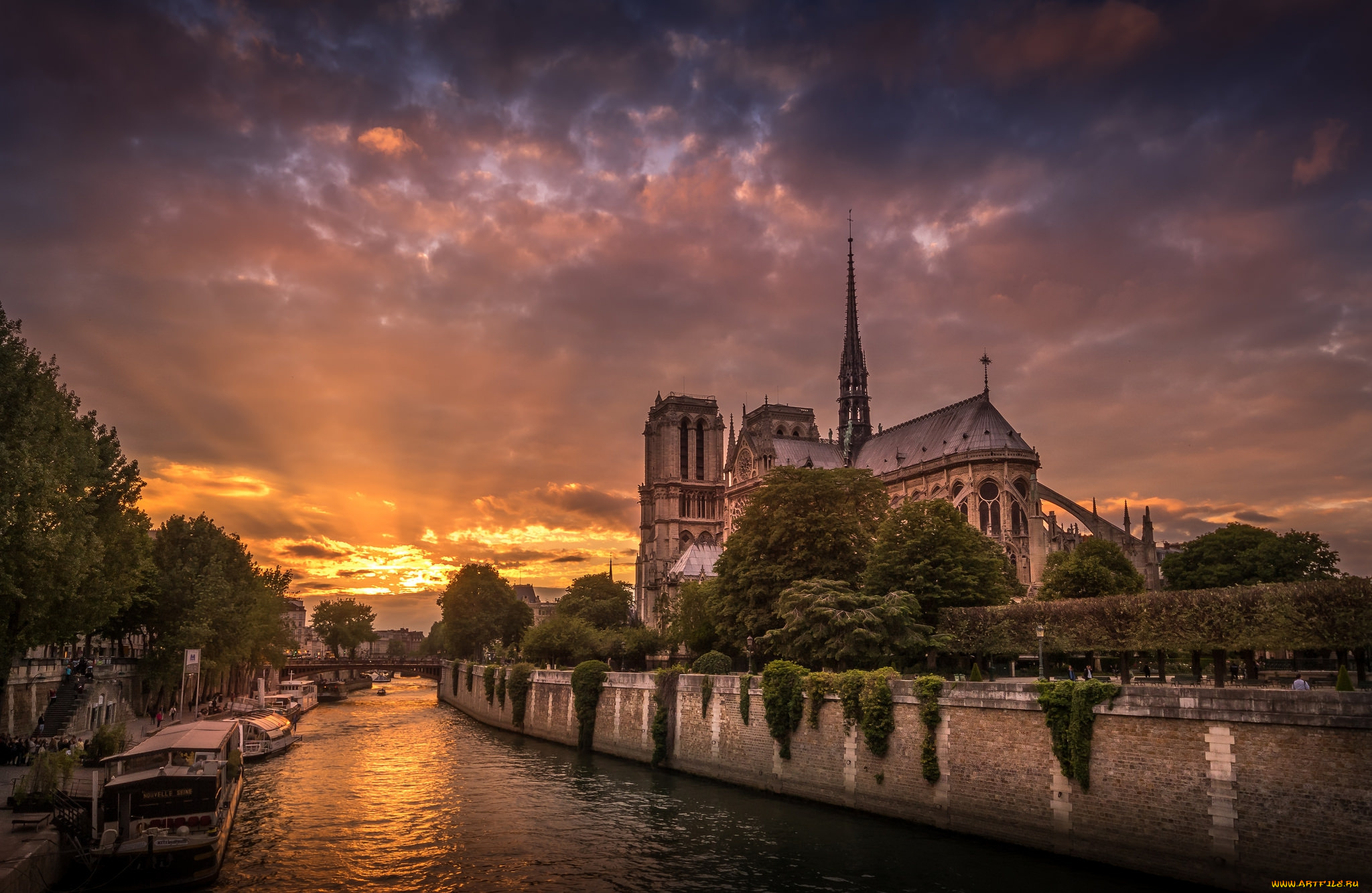 notre, dame, in, paris, города, париж, , франция, река, закат