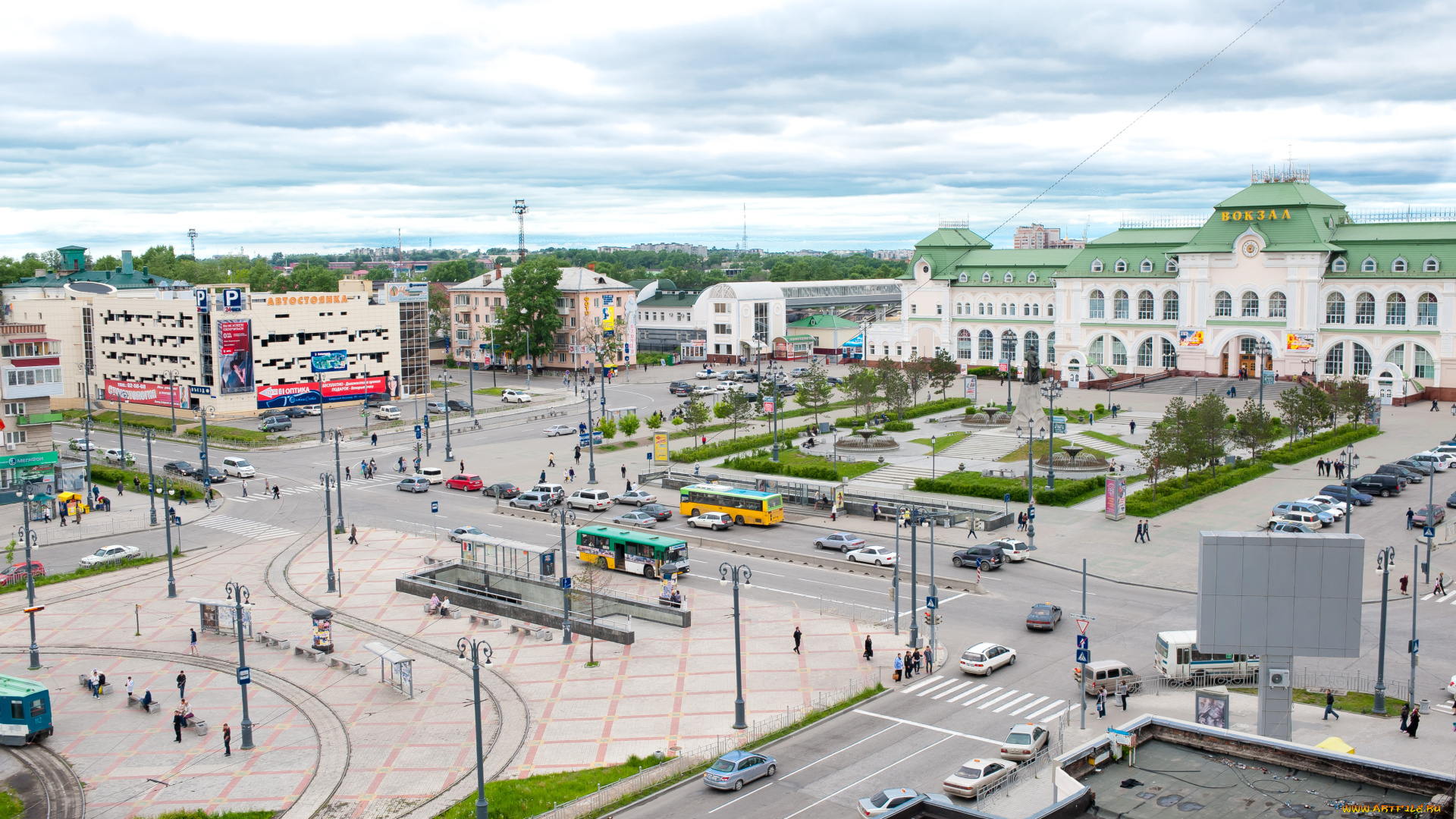 хабаровск, россия, города, -, панорамы, площадь, фонари, улица, город, железнодорожный, вокзал