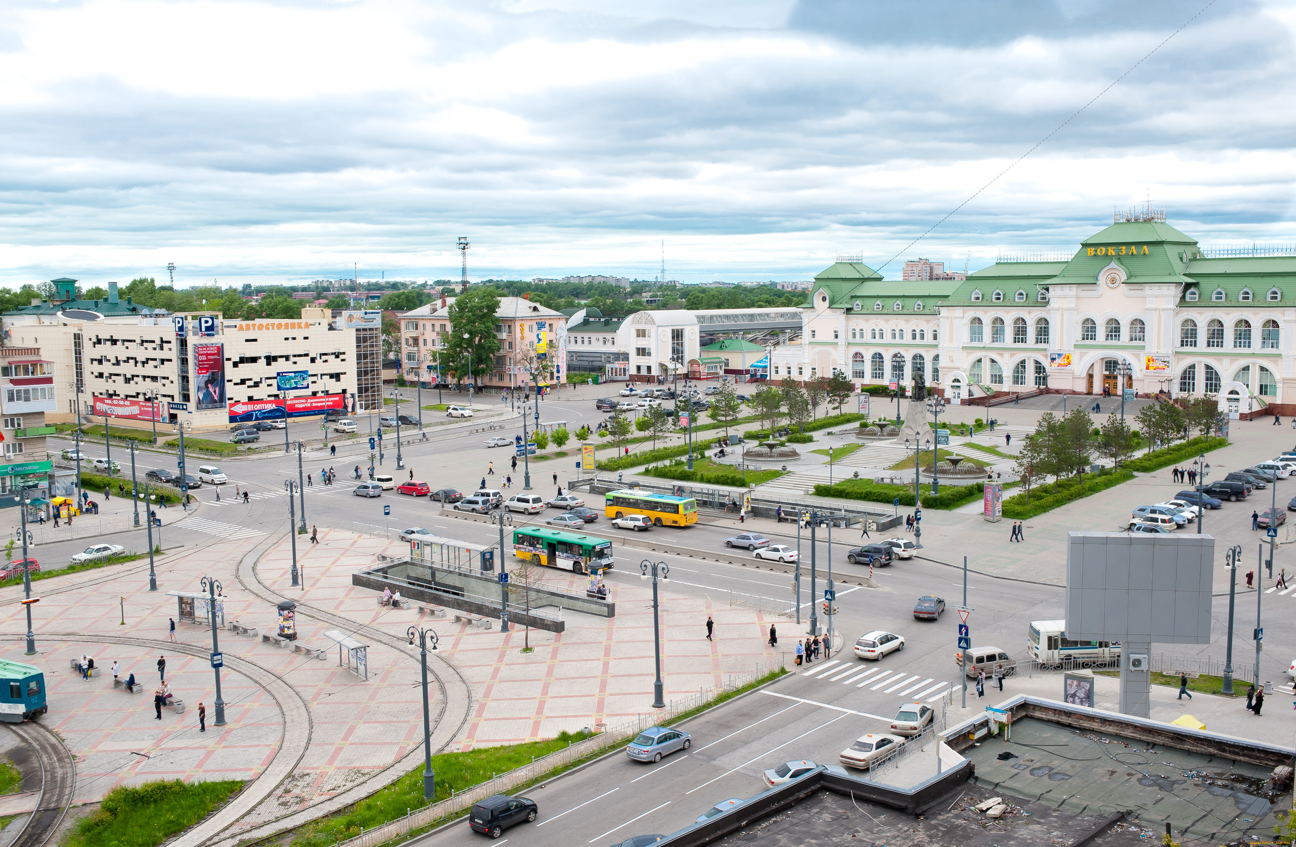 хабаровск, россия, города, -, панорамы, площадь, фонари, улица, город, железнодорожный, вокзал