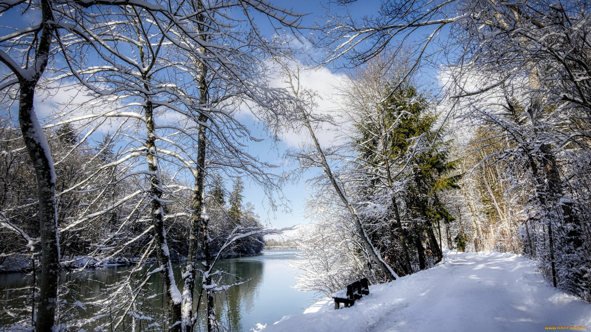 природа, зима, скамейка, снег, река