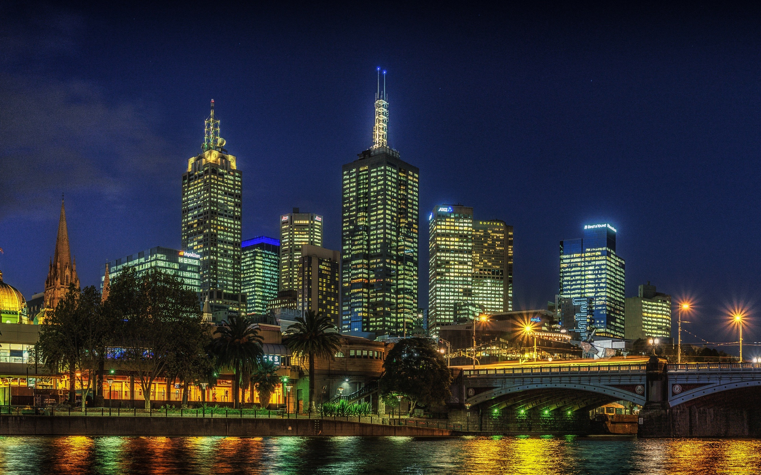 города, мельбурн, , австралия, огни, вечер, мост