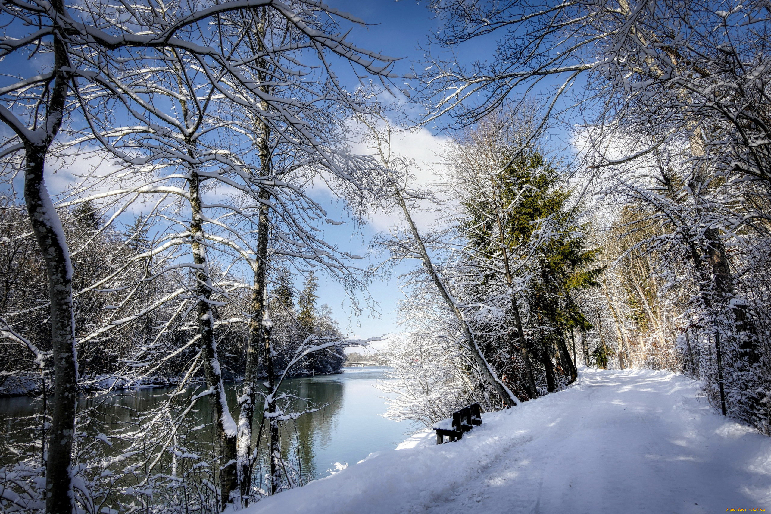 природа, зима, скамейка, снег, река