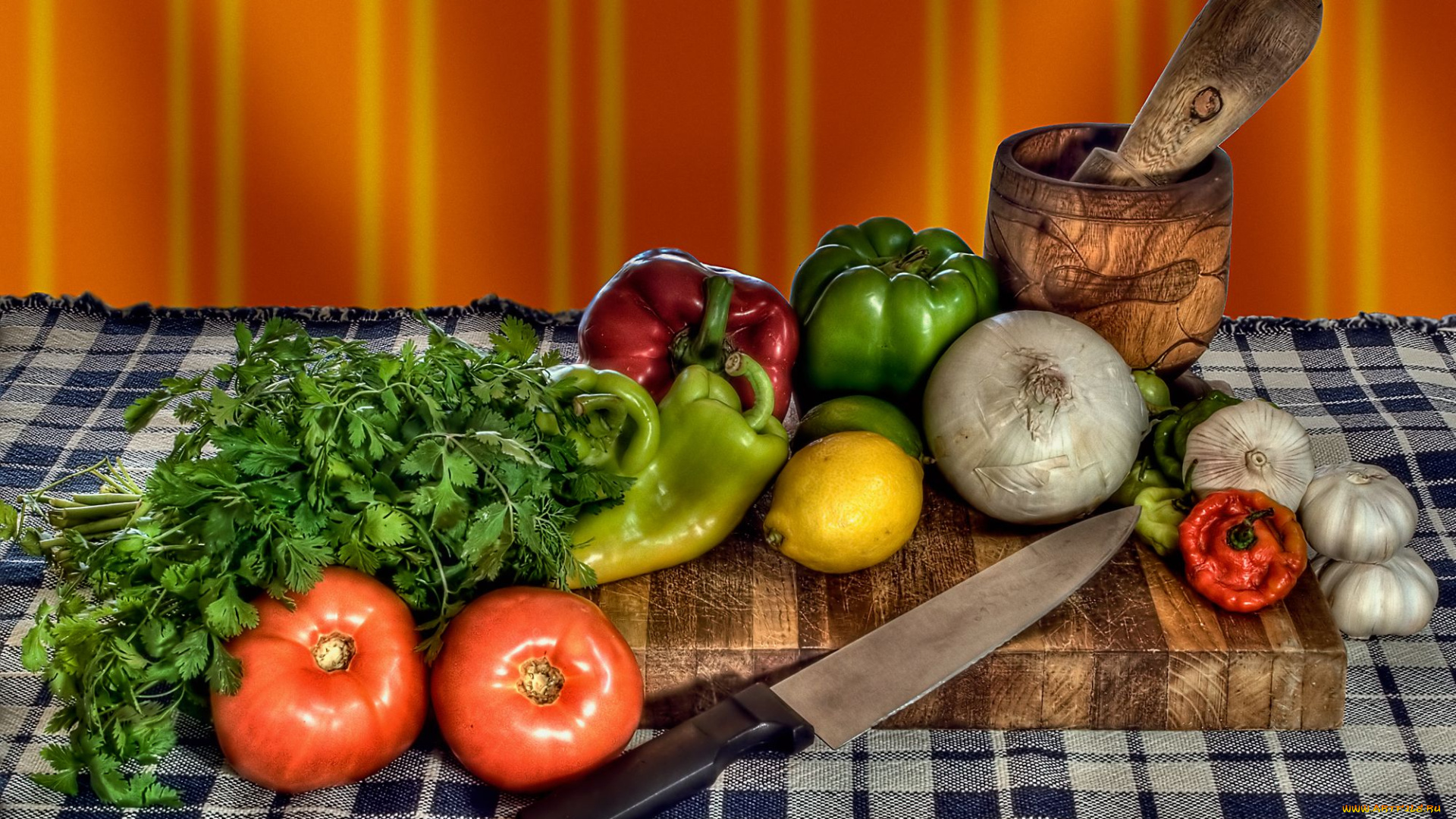 еда, овощи, перец, помидоры, ступка, нож, петрушка, чеснок, лимон