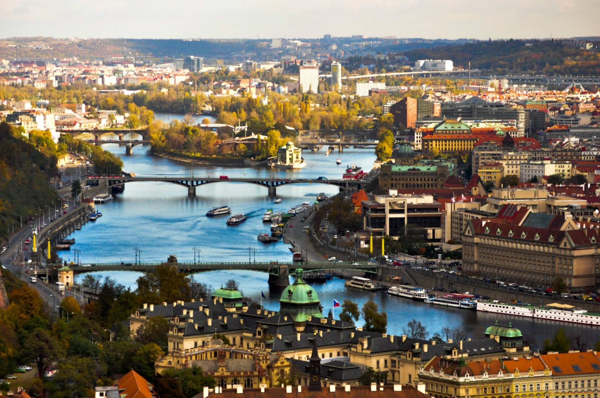 города, прага, Чехия, река, мосты, панорама