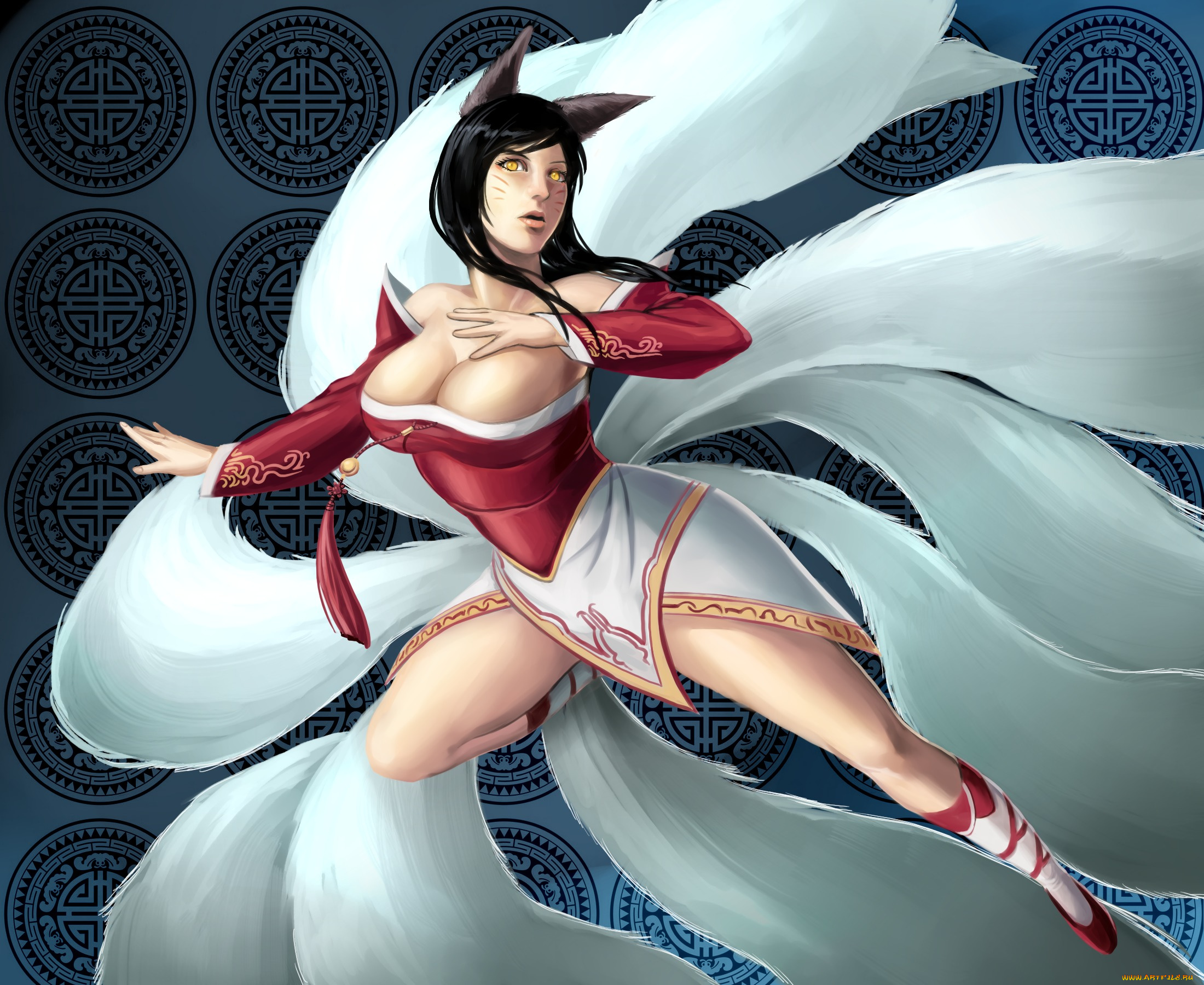 league, of, legends, фэнтези, существа, девушка, ahri, лисица, хвосты, грудь, жест, прыжок, league, of, legends