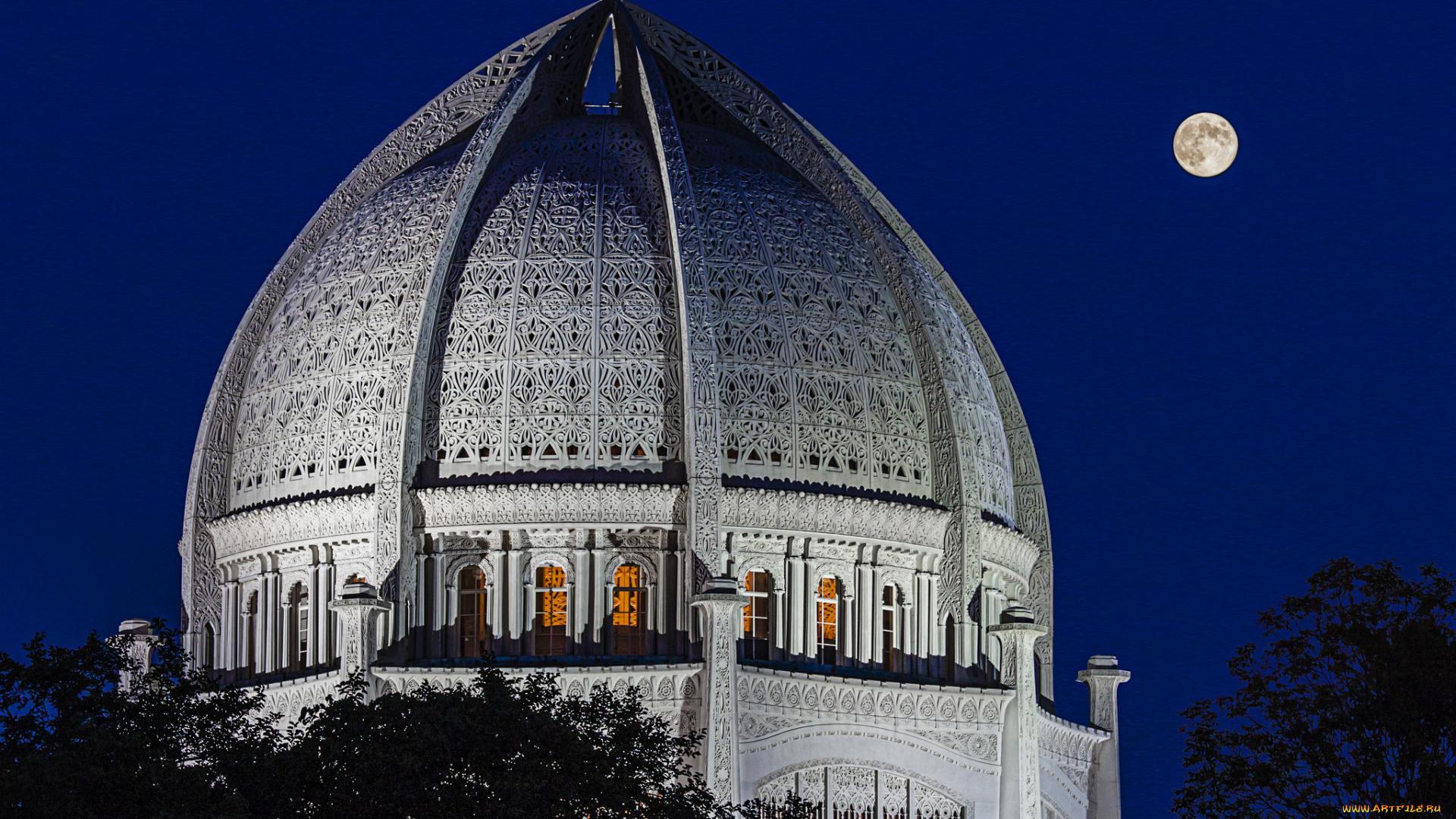 full, moon, over, baha`i, temple, города, Чикаго, , сша, купол, храм, луна, ночь