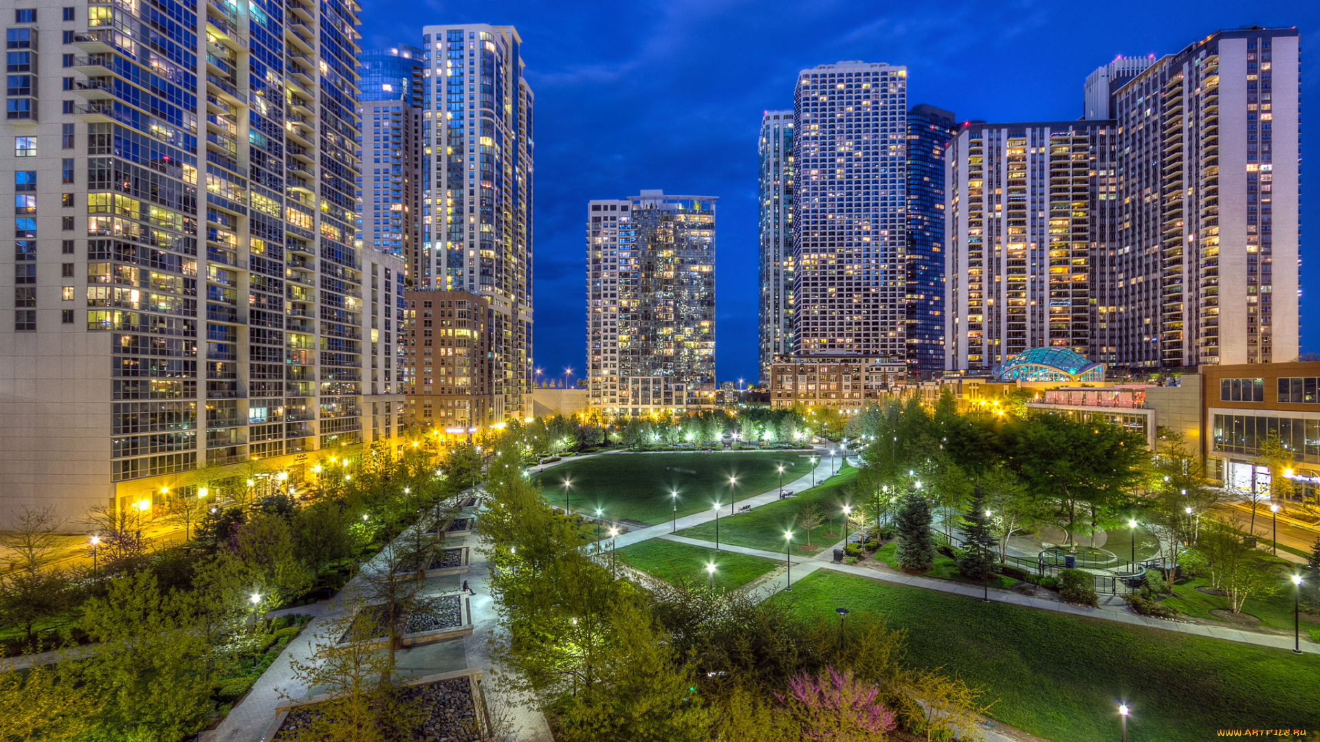 lakeshore, east, города, Чикаго, , сша, огни, сквер, ночь, здания