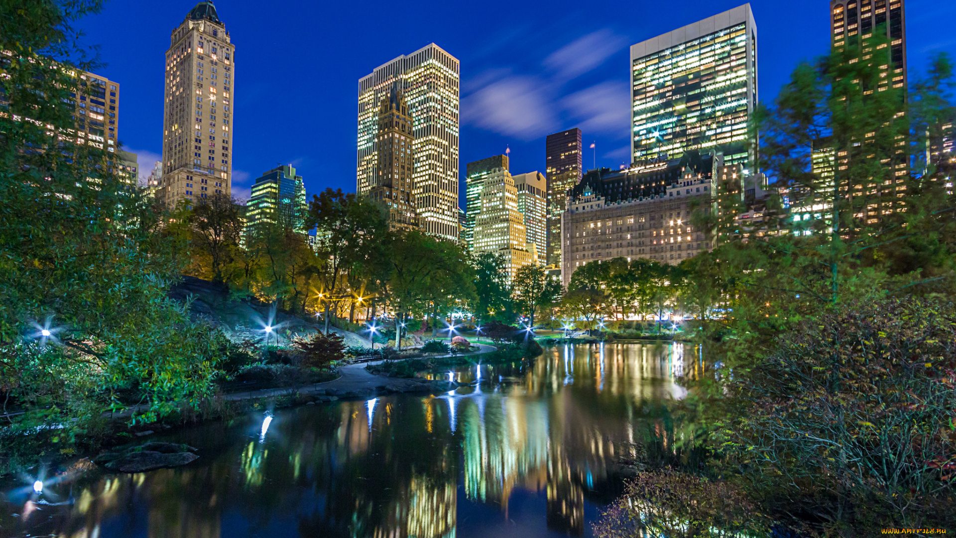 pond, at, central, park, города, нью-йорк, , сша, огни, парк, небоскребы, ночь