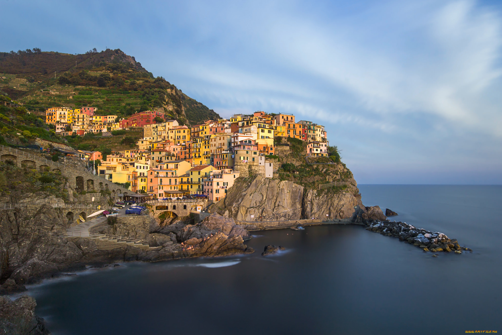 manarola, at, sunset, города, -, пейзажи, поселок, скала, море