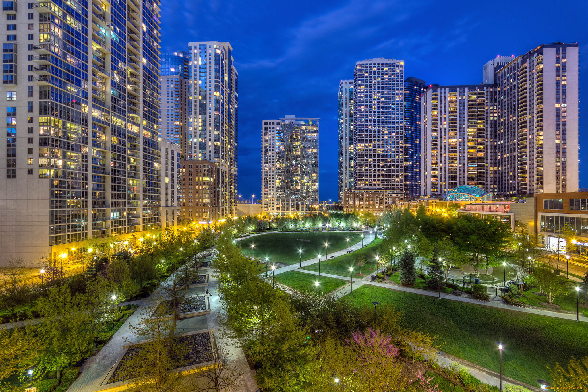 lakeshore, east, города, Чикаго, , сша, огни, сквер, ночь, здания