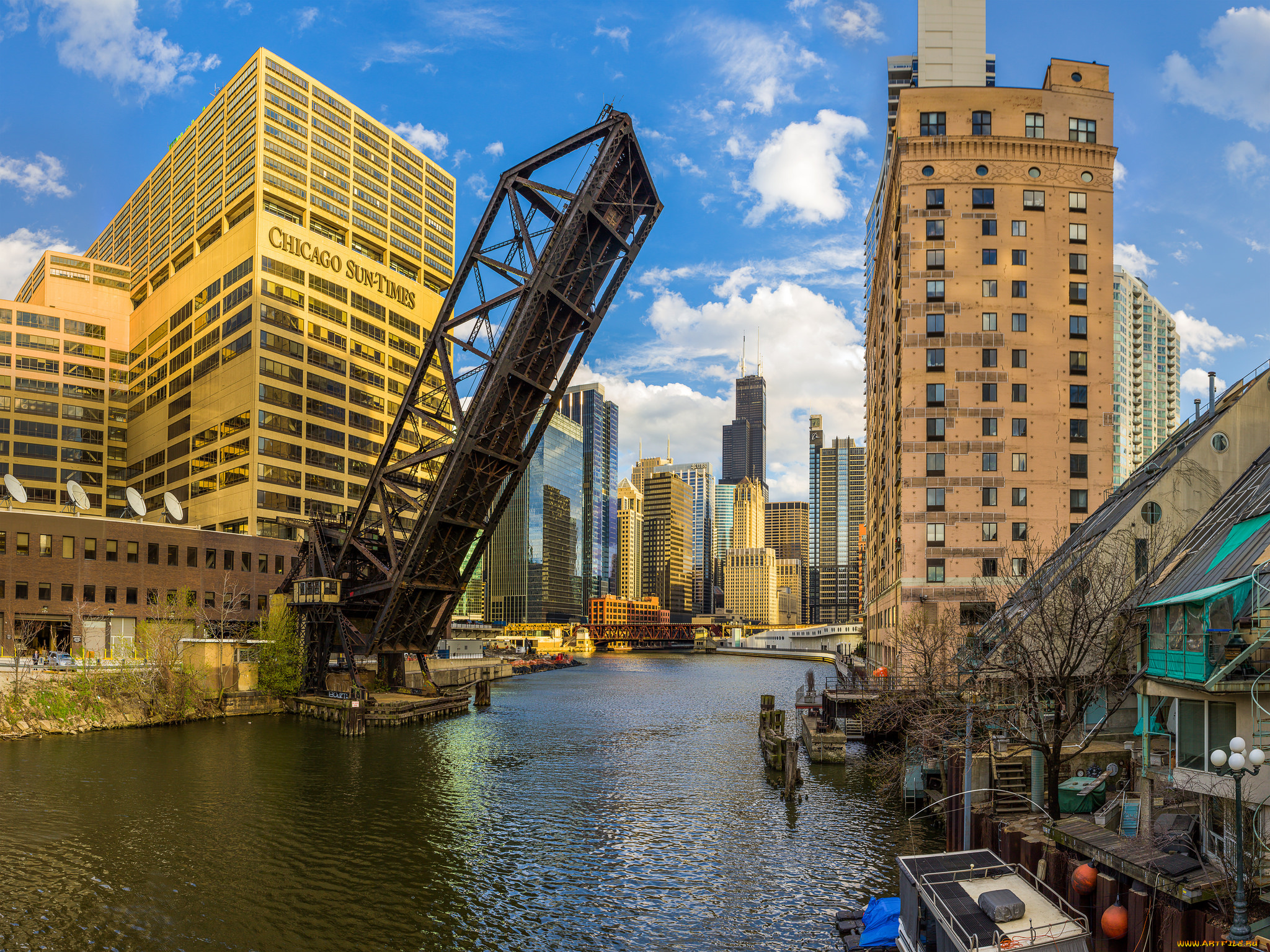 kinzie, megapan, города, Чикаго, , сша, небоскребы, мост, река