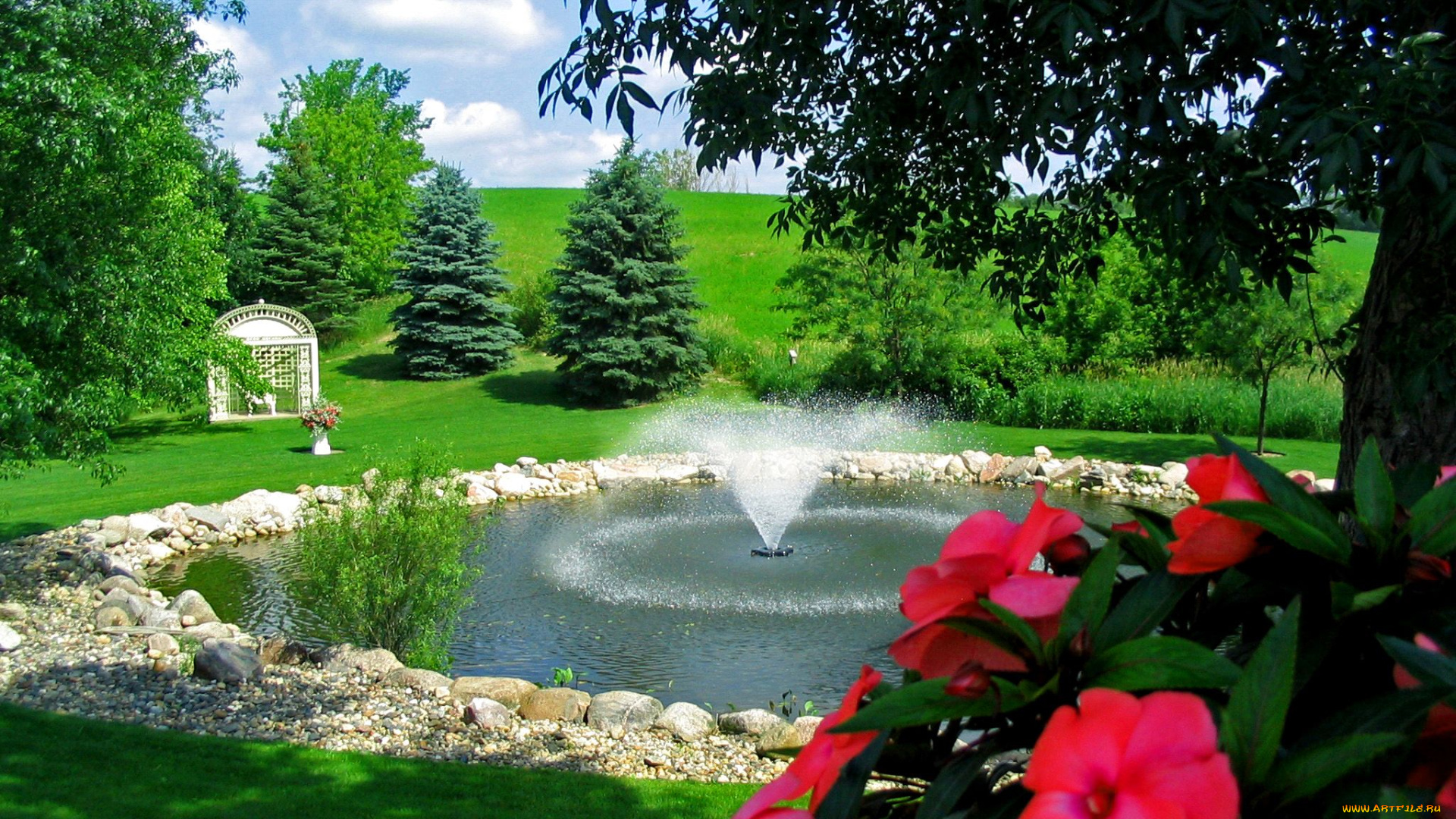 природа, парк, беседка, фонтан, деревья, цветы, трава