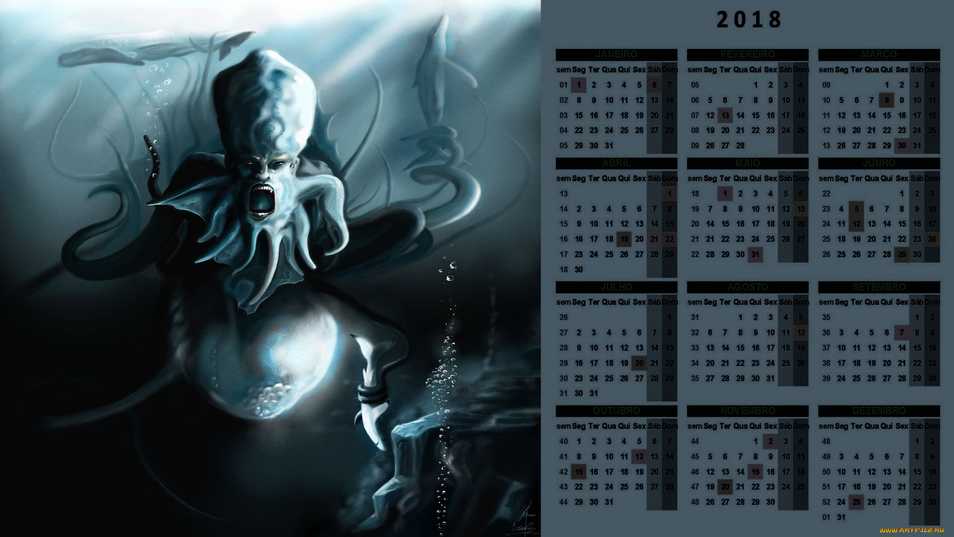 календари, фэнтези, существо, взгляд, вода