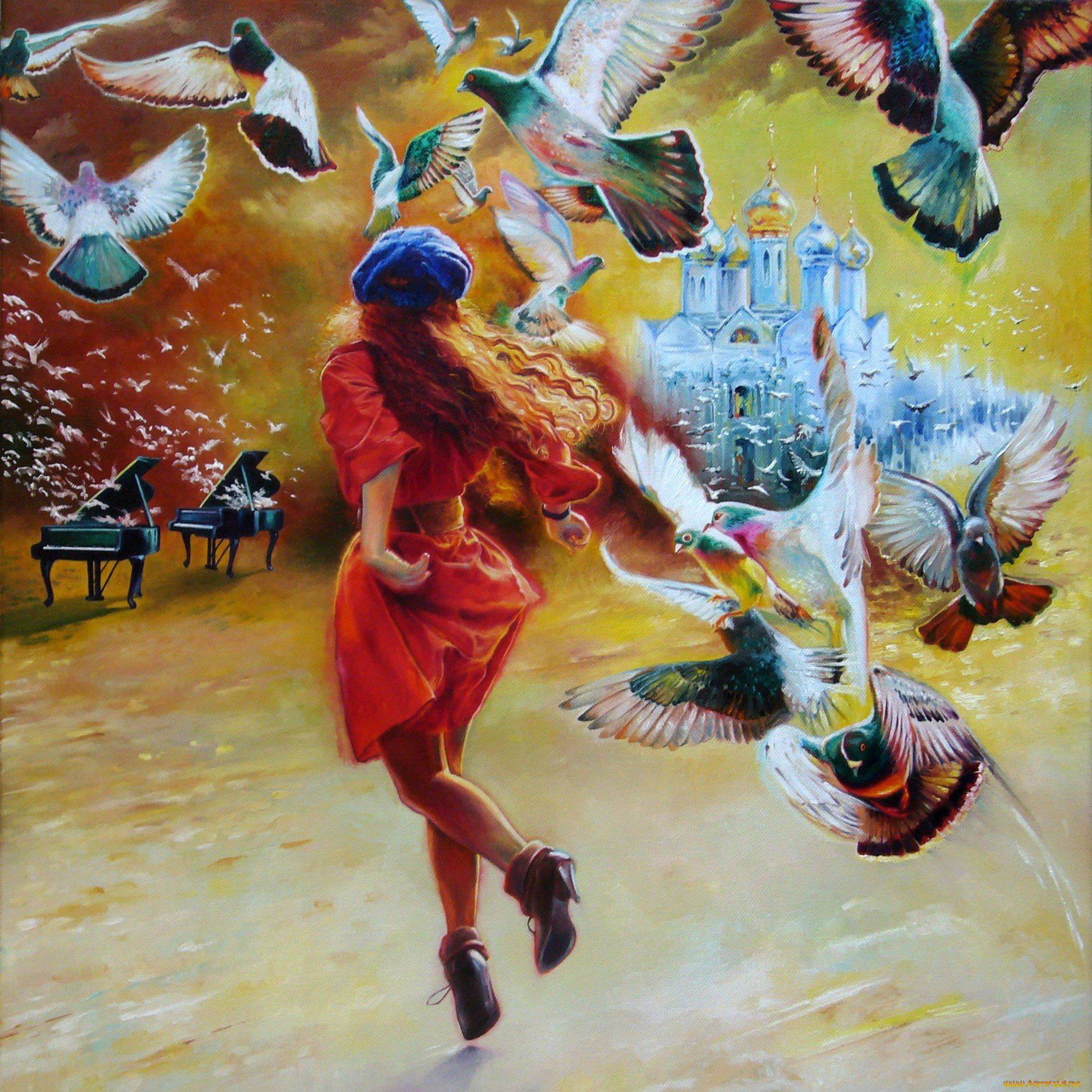 wlodzimierz, kuklinski, рисованные, девушка, птицы, голуби, рояль, церковь