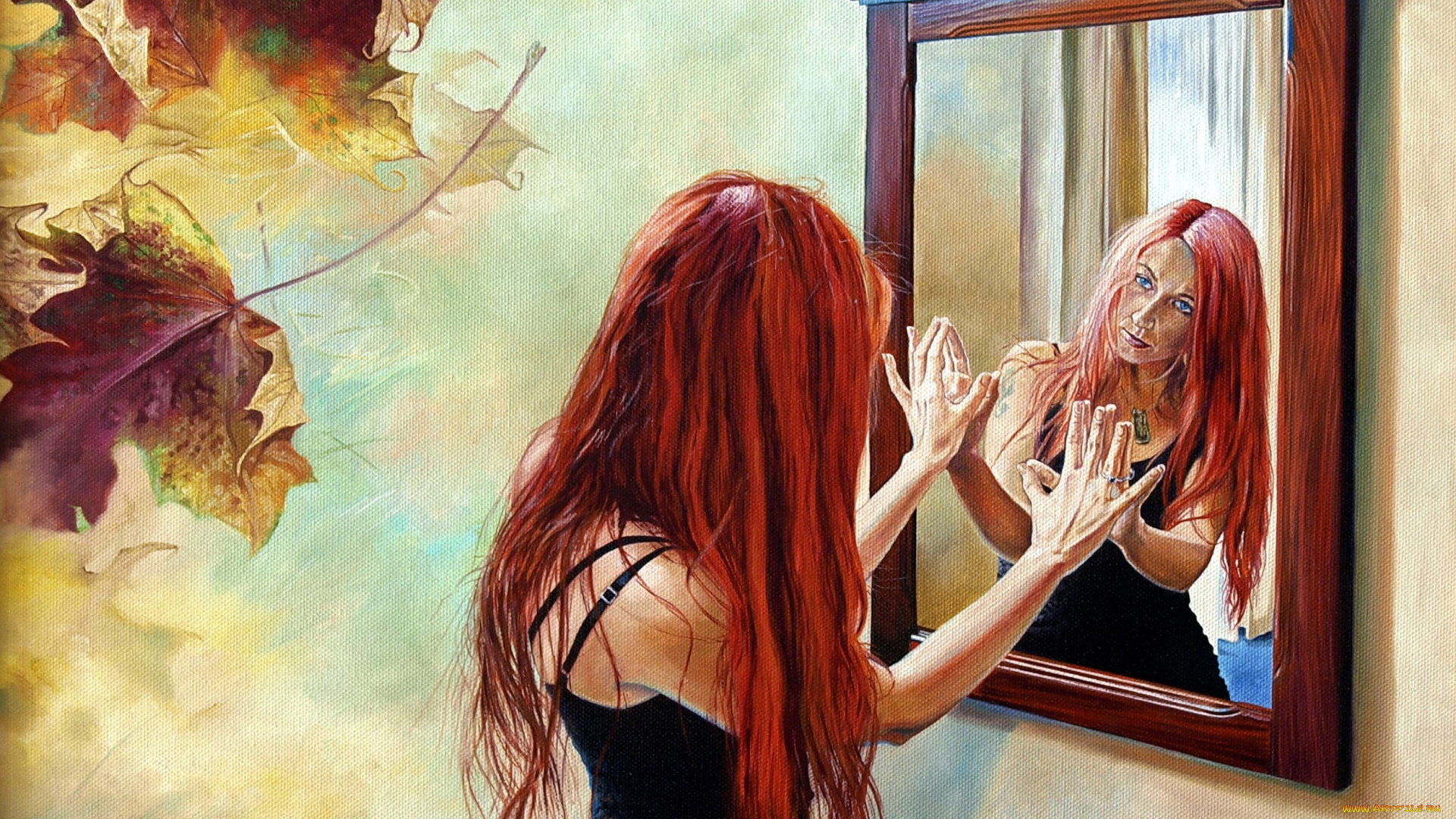 wlodzimierz, kuklinski, рисованные, девушка, зеркало, отражение, листья