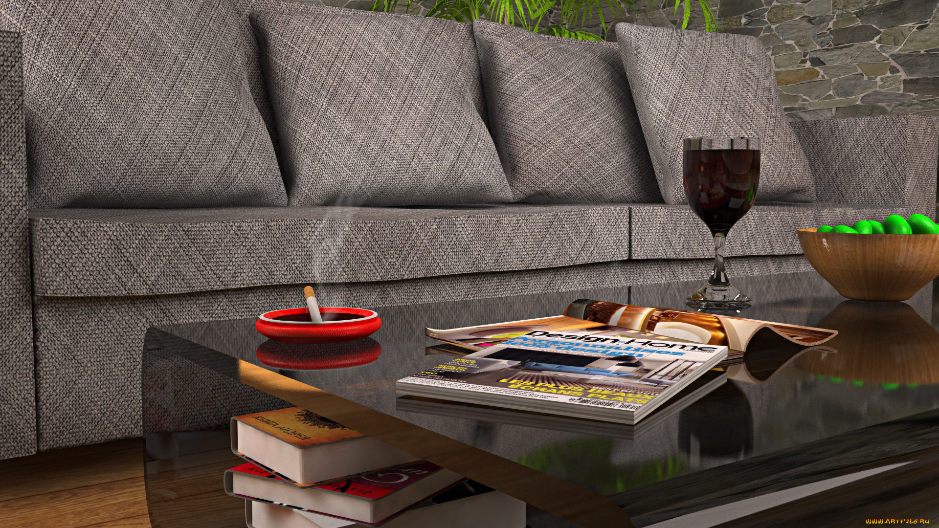 3д, графика, realism, реализм, сигарета, стол, диван, книги, подушки