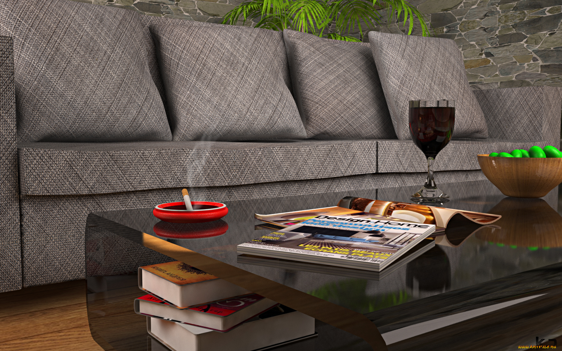 3д, графика, realism, реализм, сигарета, стол, диван, книги, подушки