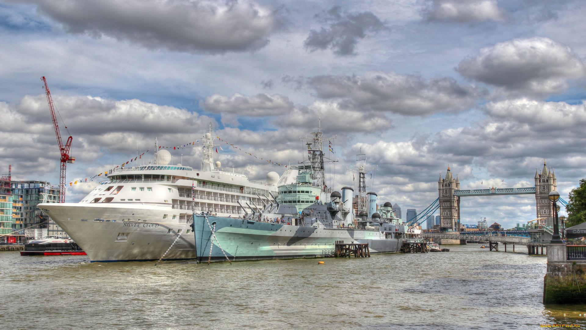 hms, belfast, &, silver, cloud, корабли, разные, вместе, причал, мост, темза, лондон, суда