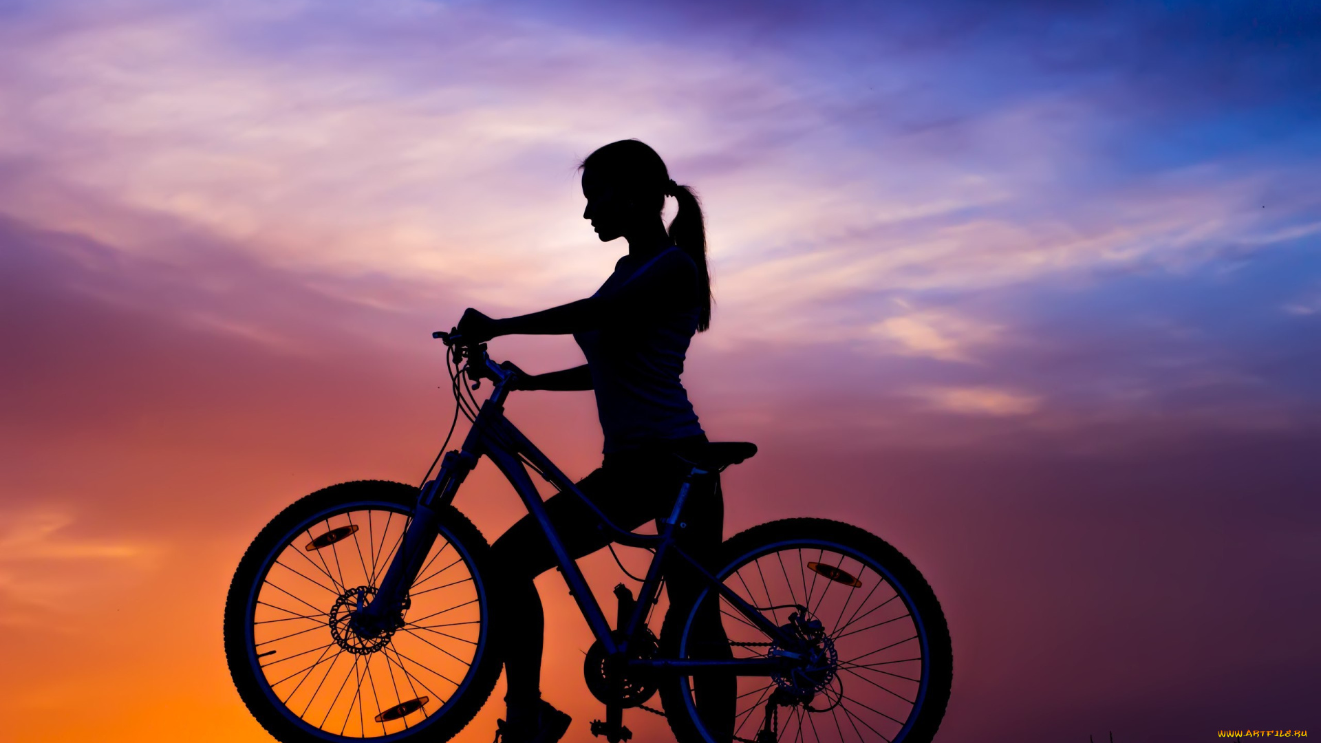спорт, велоспорт, небо, закат, силуэт, байк, девушка, mountain, велосипед, bike