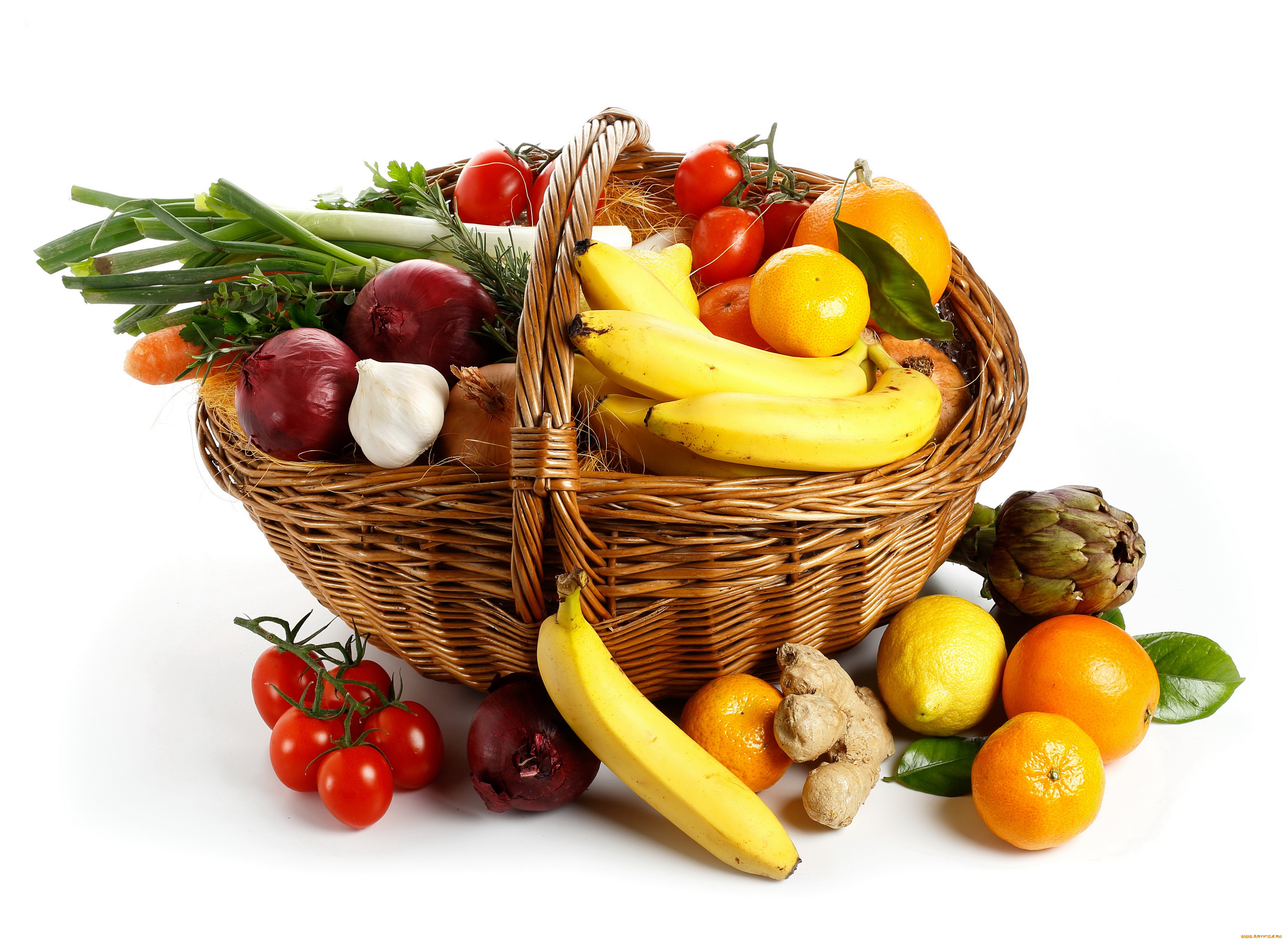 еда, фрукты, и, овощи, вместе, апельсины, помидоры, бананы, фрукты, корзина, овощи, лук, томаты