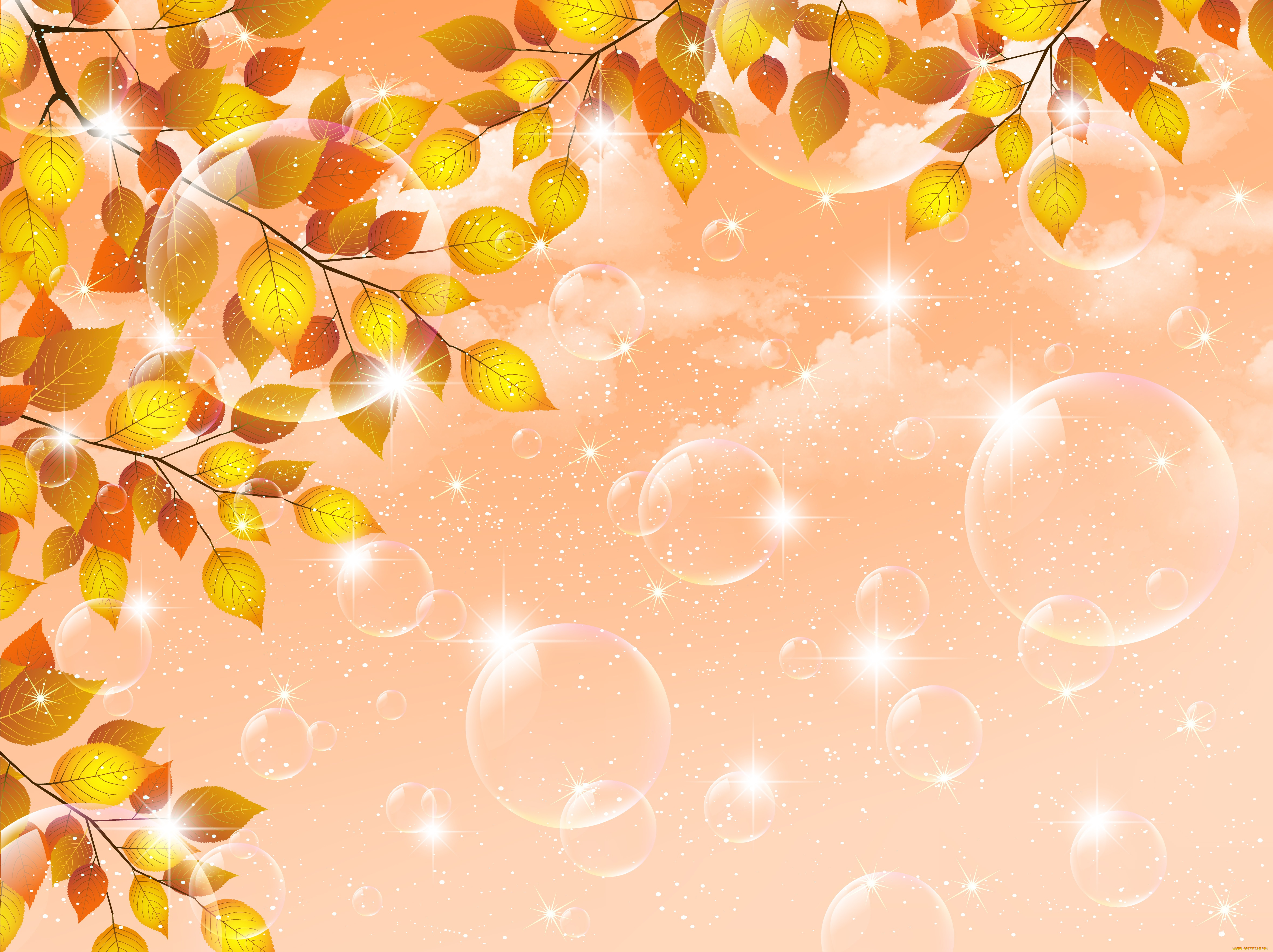 векторная, графика, природа, twigs, блески, пузыри, осень, листья, веточка, gloss, bubbles, autumn, leaves