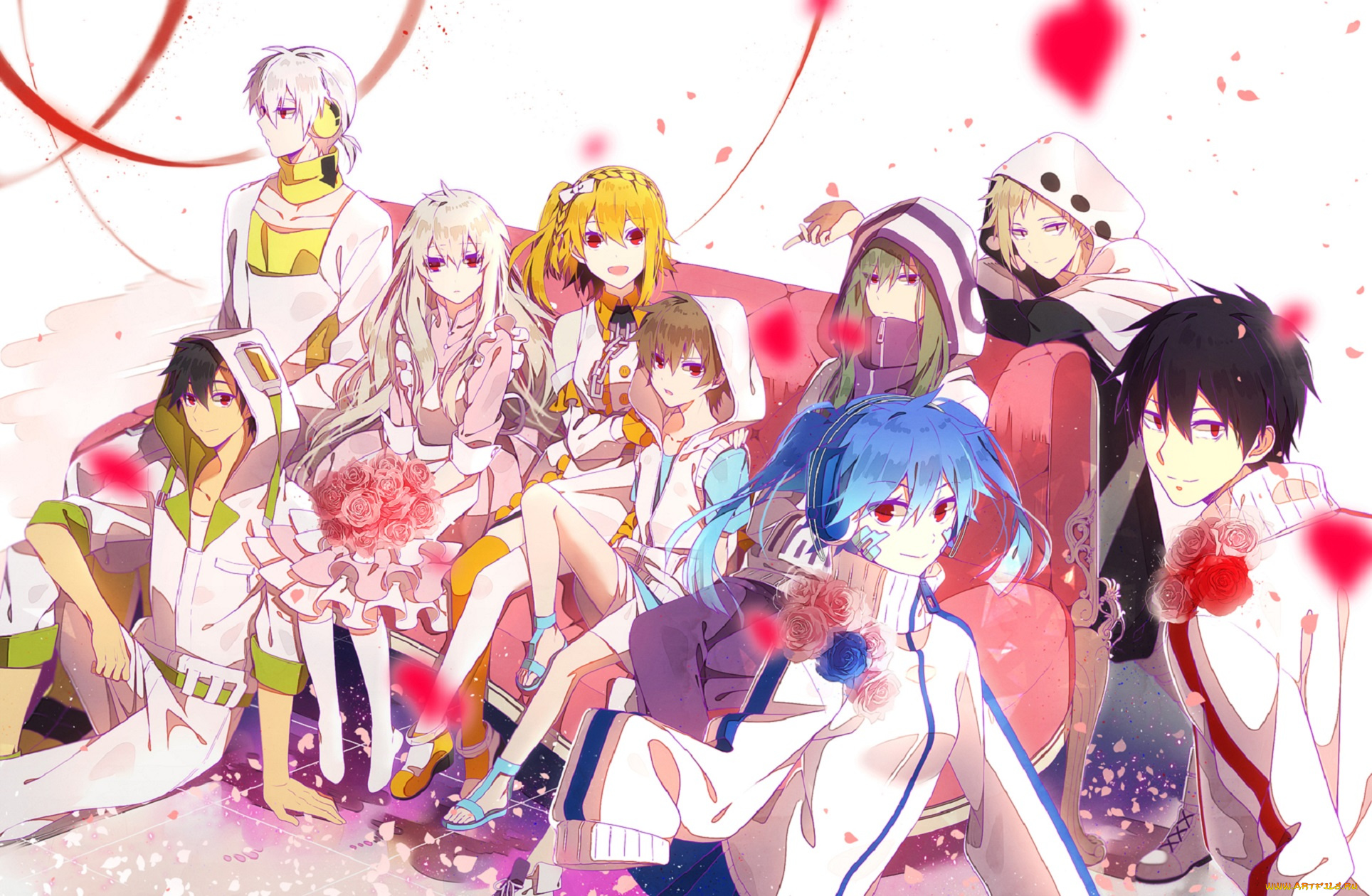аниме, kagerou, project, арт, hakusai, персонажи, девушки, розы, парни