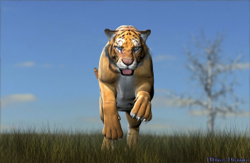 Картинка 3д+графика животные+ animals оскал прыжок тигр
