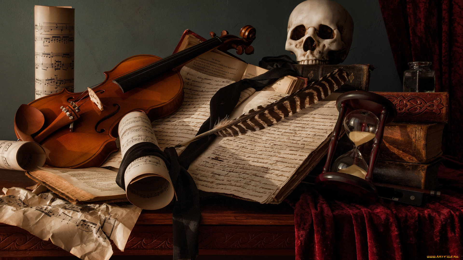 музыка, -музыкальные, инструменты, скрипка, череп